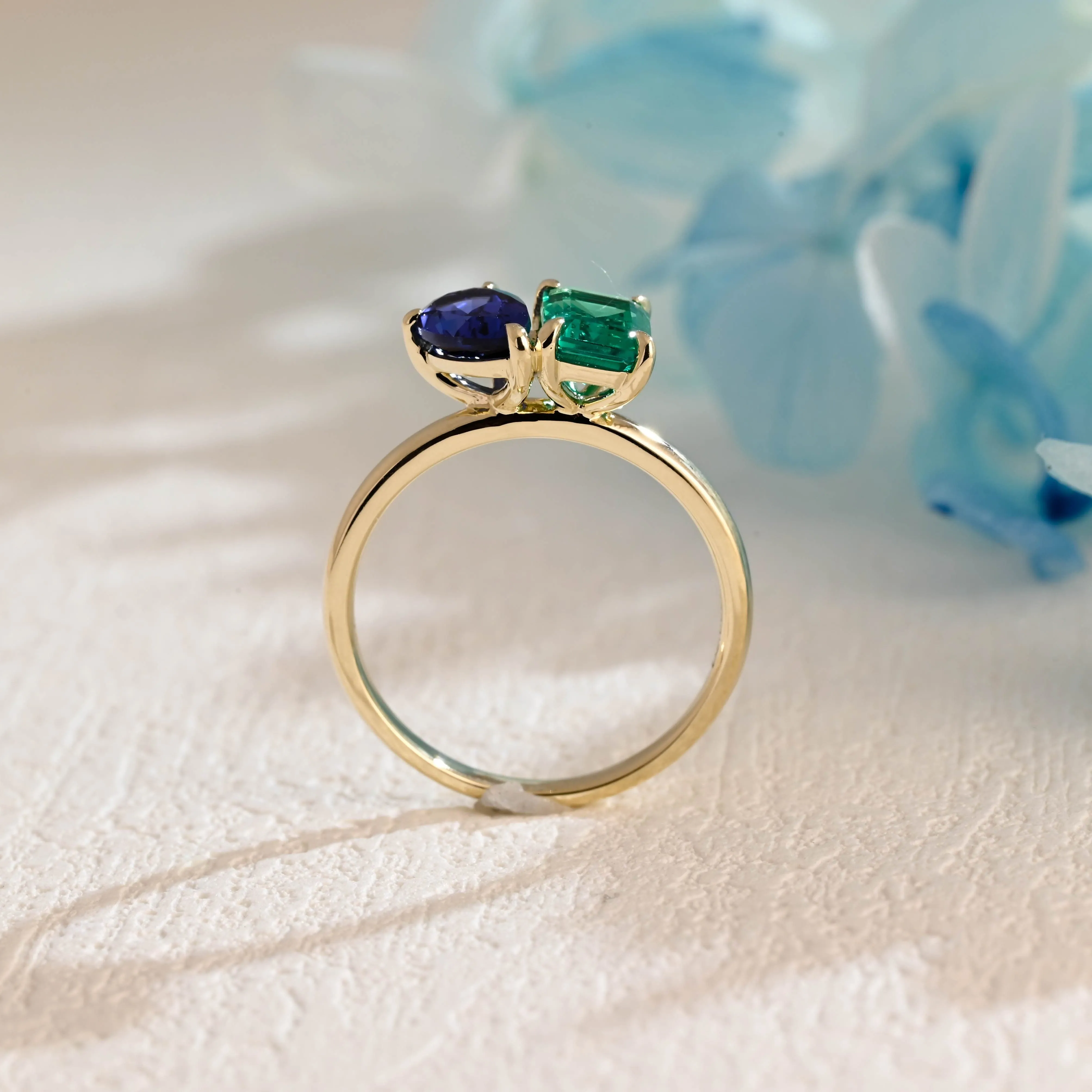 Solid Gold Toi Et Moi Ring, Lab Grown Emerald & Pear Cut Sapphire Engagement Ring, Promise Ring sold by Causyou product image thumbnail 5