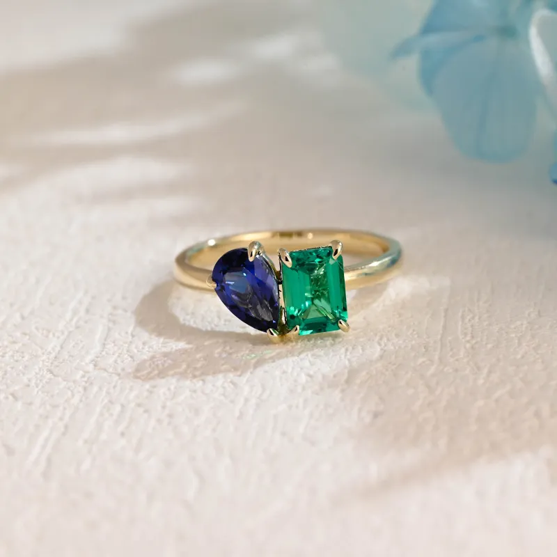 Solid Gold Toi Et Moi Ring, Lab Grown Emerald & Pear Cut Sapphire Engagement Ring, Promise Ring made by Causyou