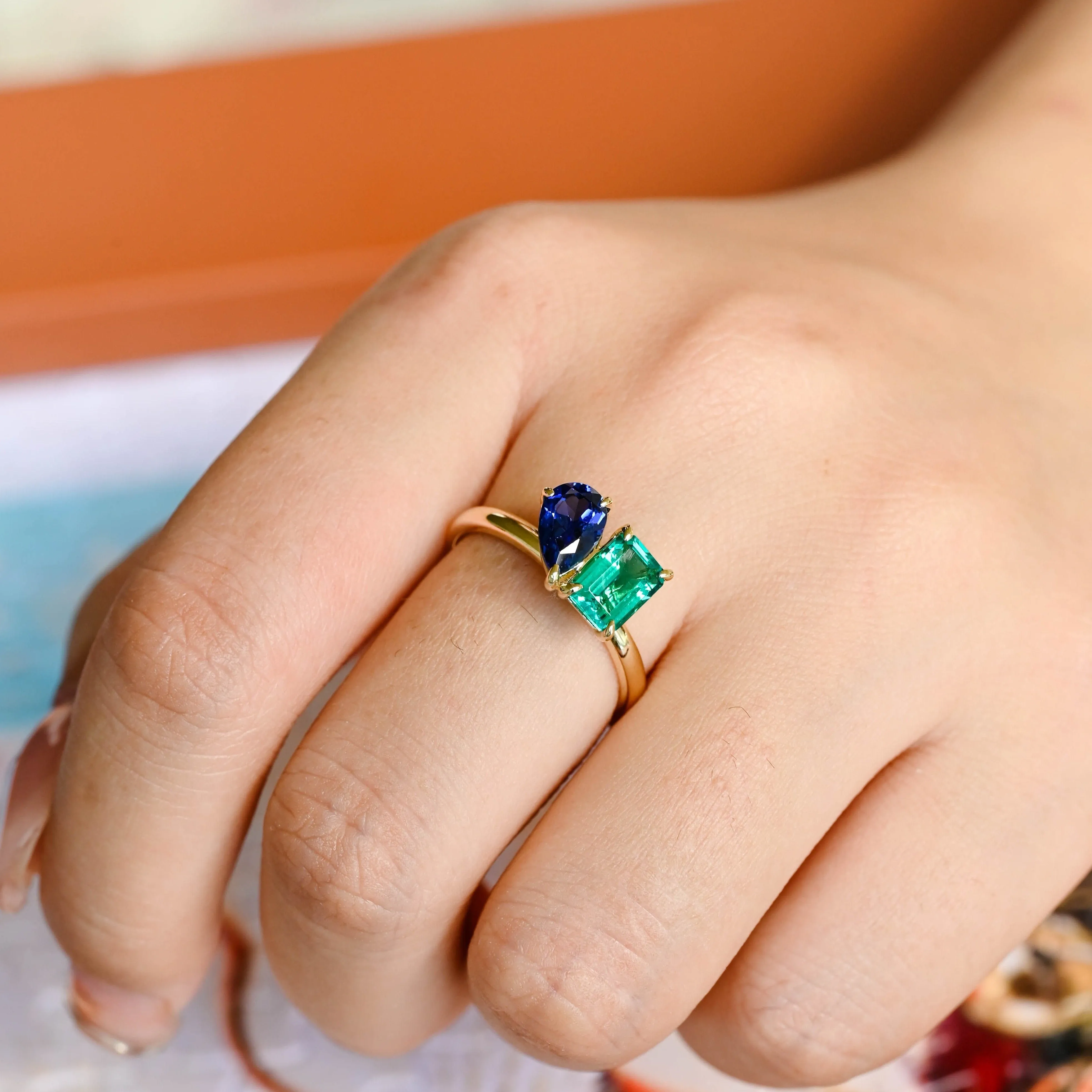 Solid Gold Toi Et Moi Ring, Lab Grown Emerald & Pear Cut Sapphire Engagement Ring, Promise Ring sold by Causyou product image thumbnail 2