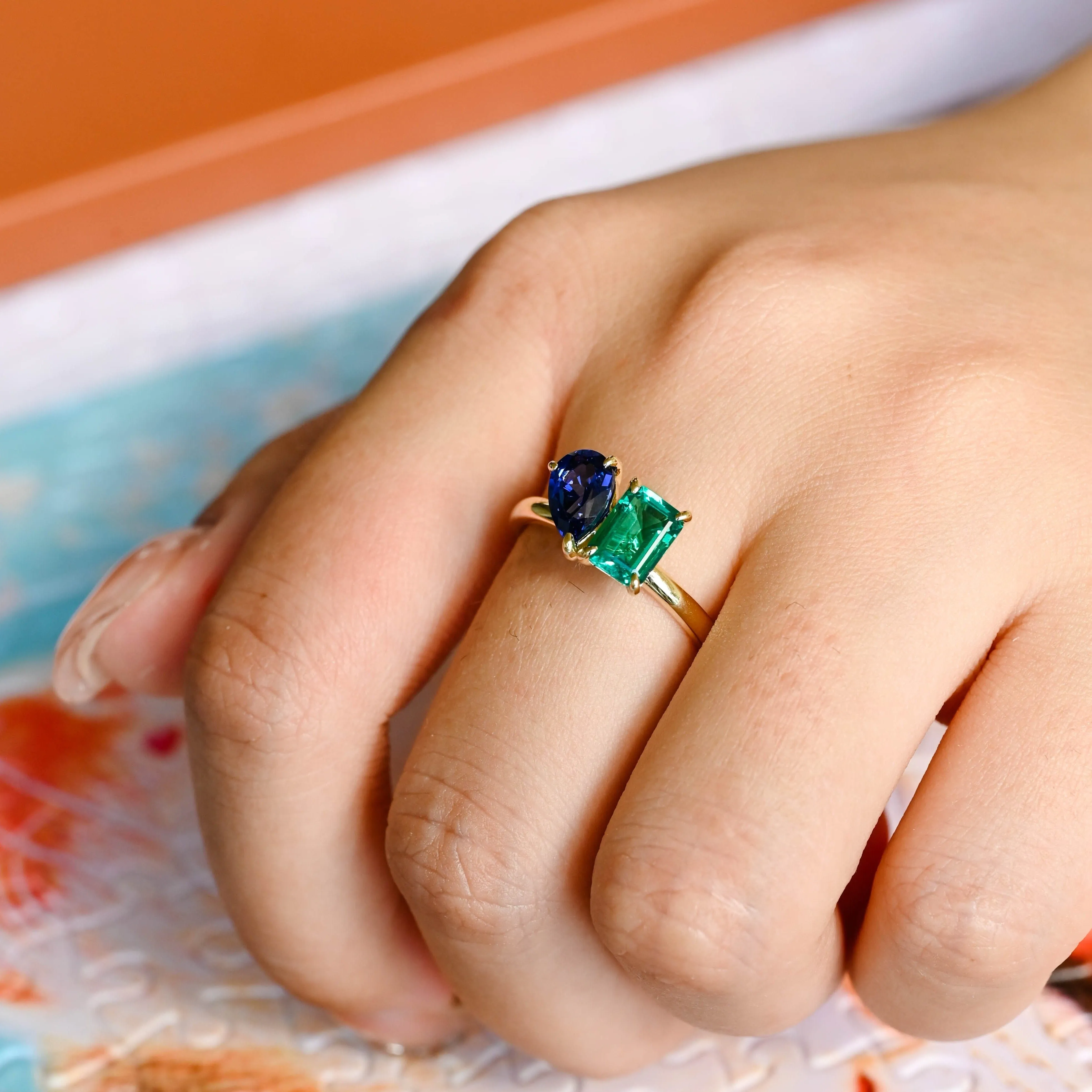 Solid Gold Toi Et Moi Ring, Lab Grown Emerald & Pear Cut Sapphire Engagement Ring, Promise Ring sold by Causyou product image thumbnail 3