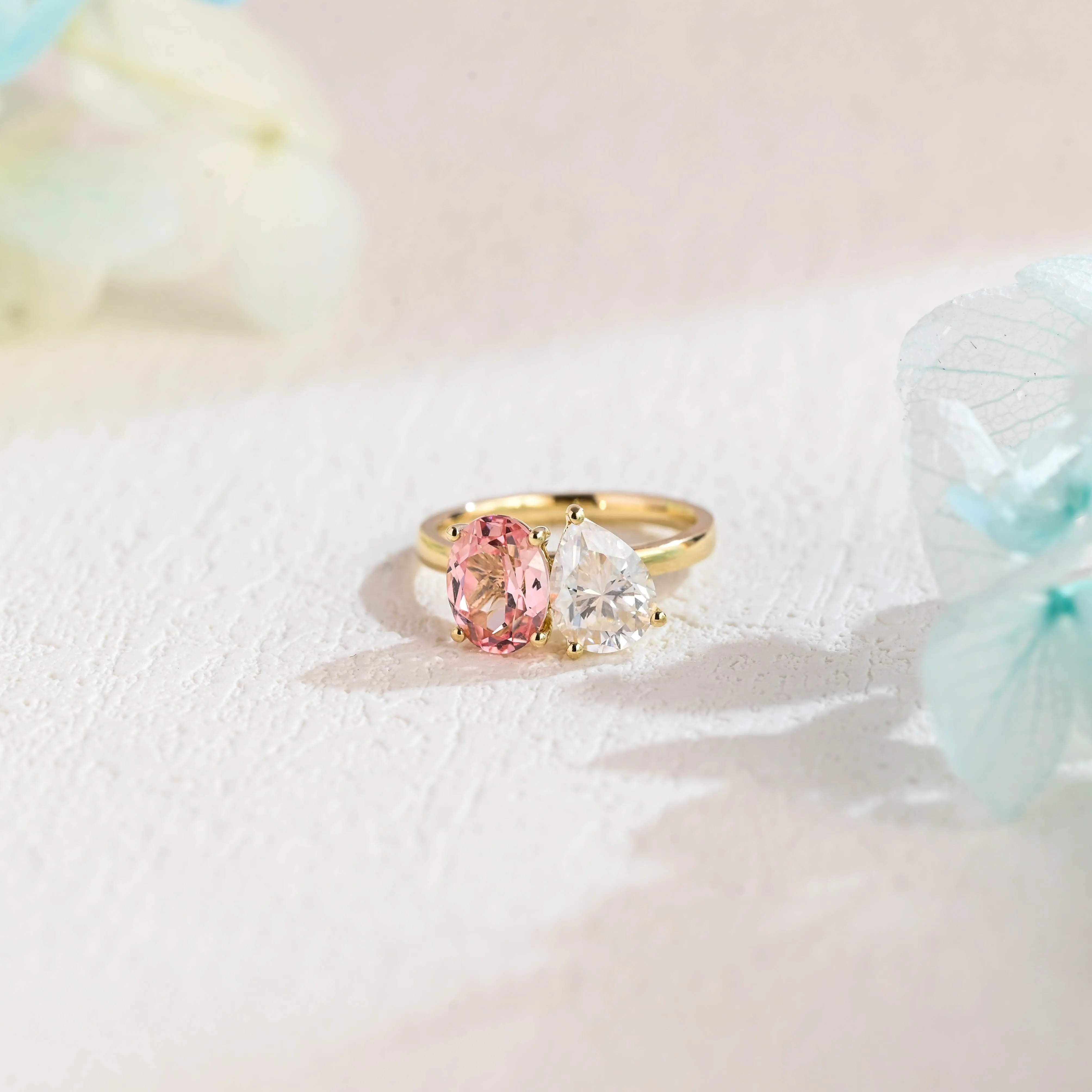 Solid Gold Toi et Moi Ring, Pear Moissanite & Oval Lab Pink Sapphire Engagement Ring sold by Causyou