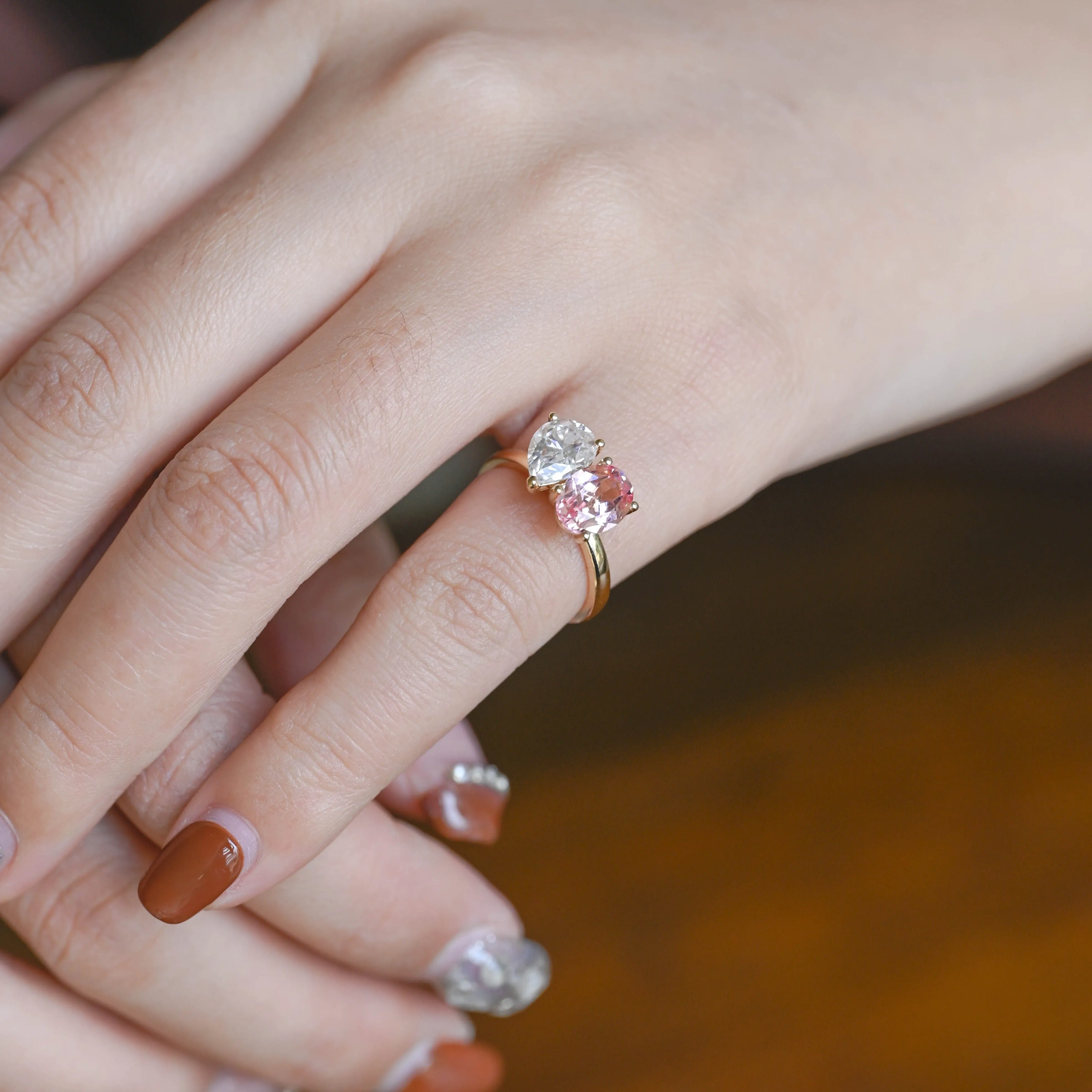 Solid Gold Toi et Moi Ring, Pear Moissanite & Oval Lab Pink Sapphire Engagement Ring sold by Causyou product image thumbnail 4