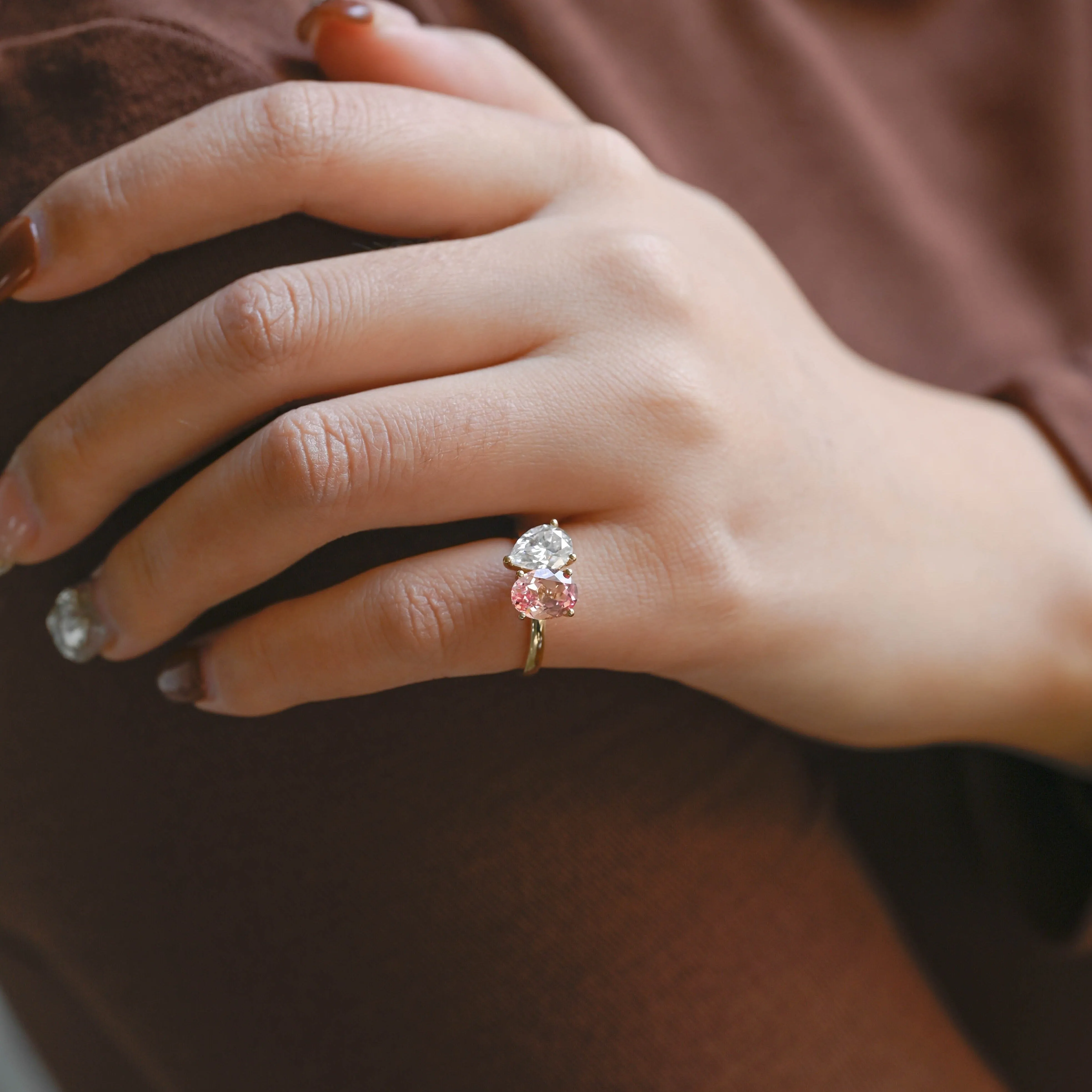 Solid Gold Toi et Moi Ring, Pear Moissanite & Oval Lab Pink Sapphire Engagement Ring sold by Causyou product image thumbnail 3