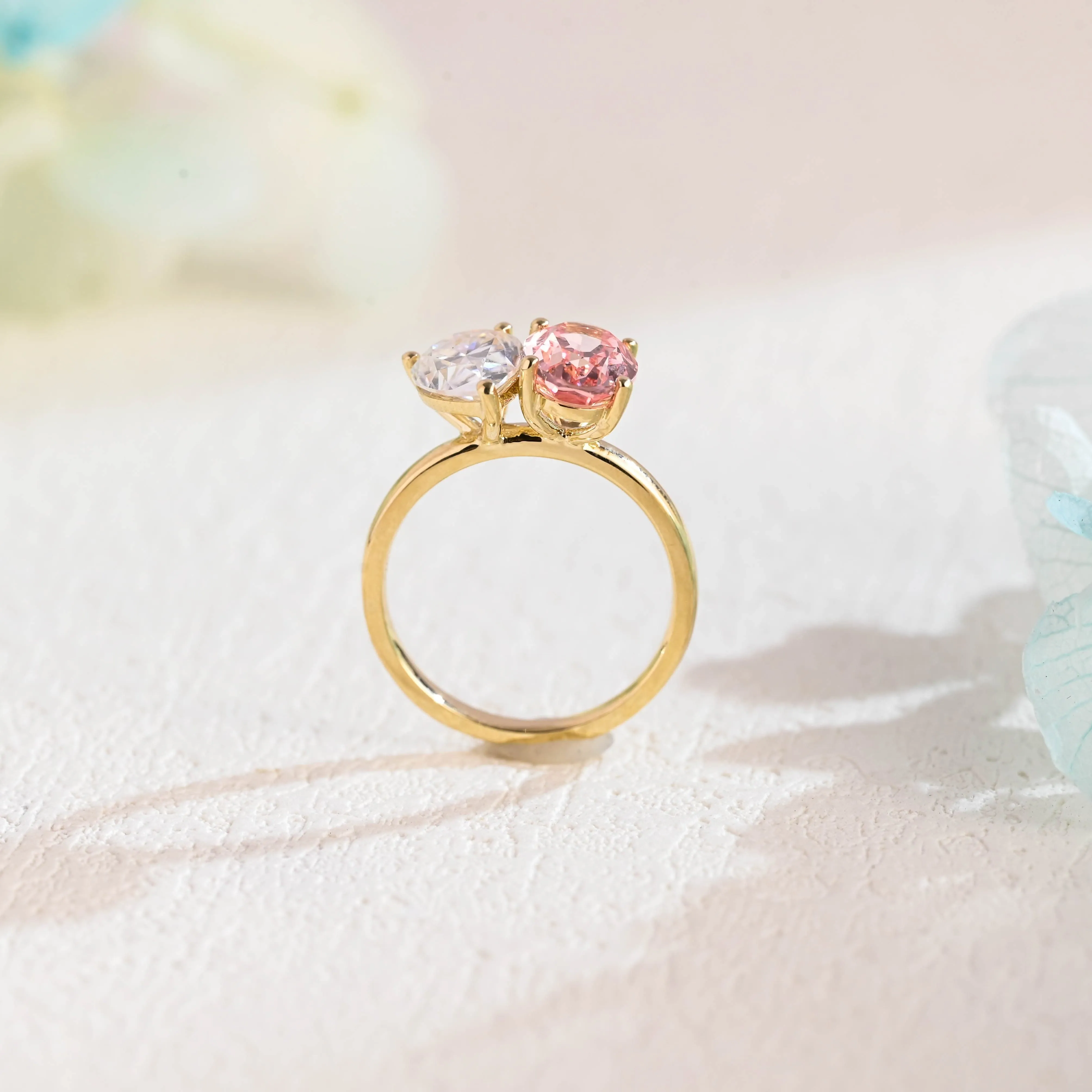 Solid Gold Toi et Moi Ring, Pear Moissanite & Oval Lab Pink Sapphire Engagement Ring sold by Causyou product image thumbnail 5