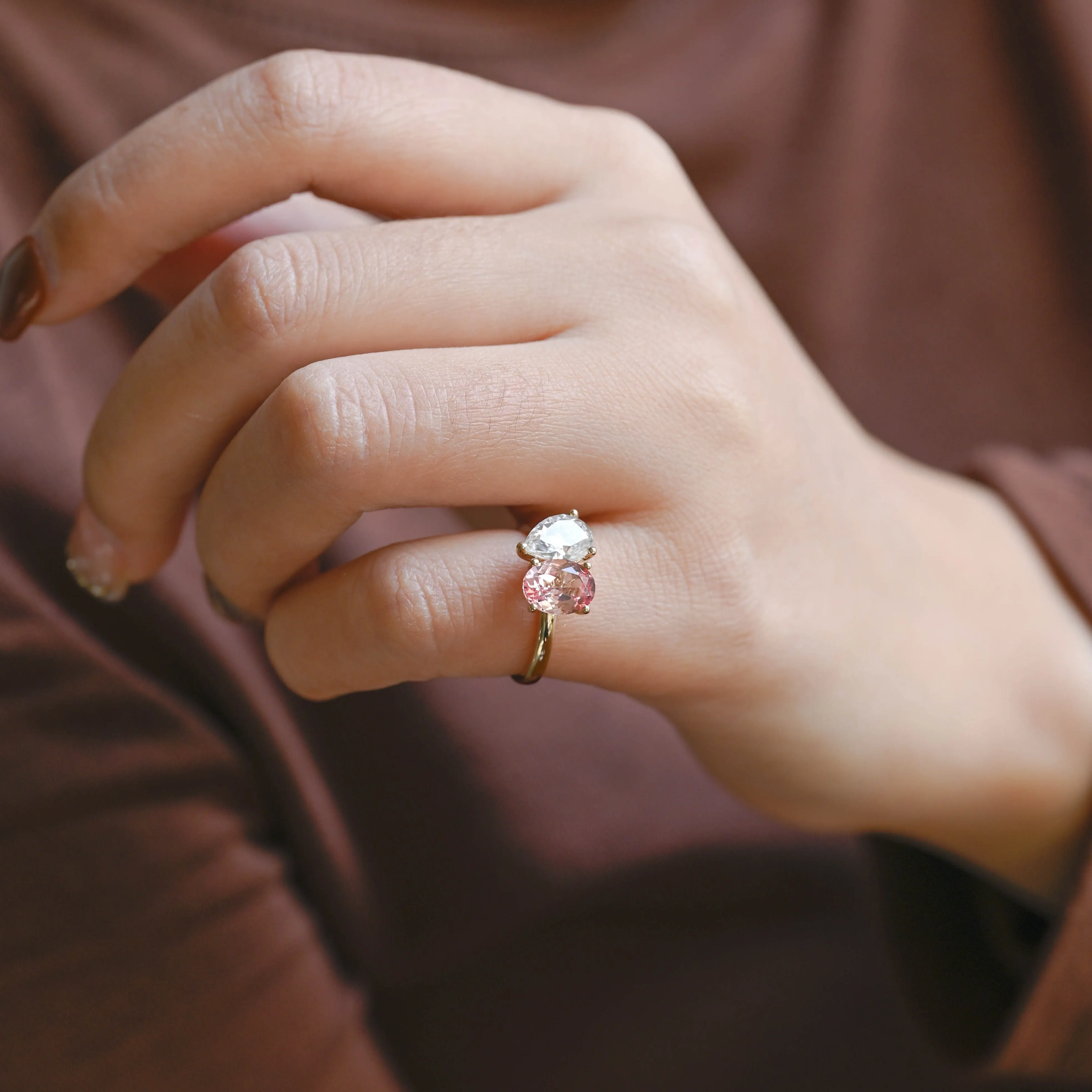 Solid Gold Toi et Moi Ring, Pear Moissanite & Oval Lab Pink Sapphire Engagement Ring sold by Causyou product image thumbnail 2