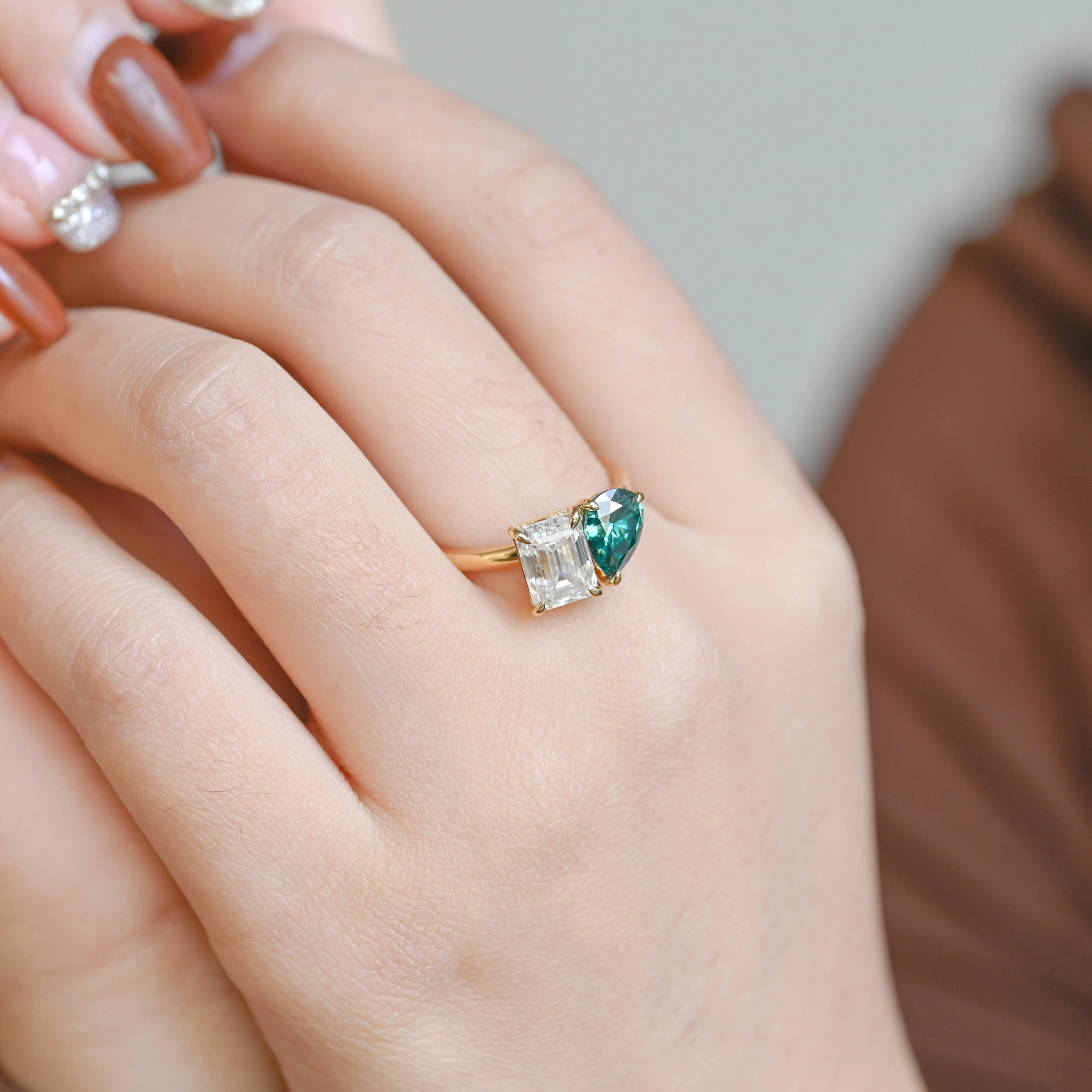 Solid Gold Toi Et Moi Ring, Green Pear Moissanite & Emerald Cut Moissanite Engagement Ring sold by Causyou product image thumbnail 3