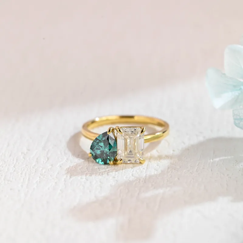 Solid Gold Toi Et Moi Ring, Green Pear Moissanite & Emerald Cut Moissanite Engagement Ring made by Causyou