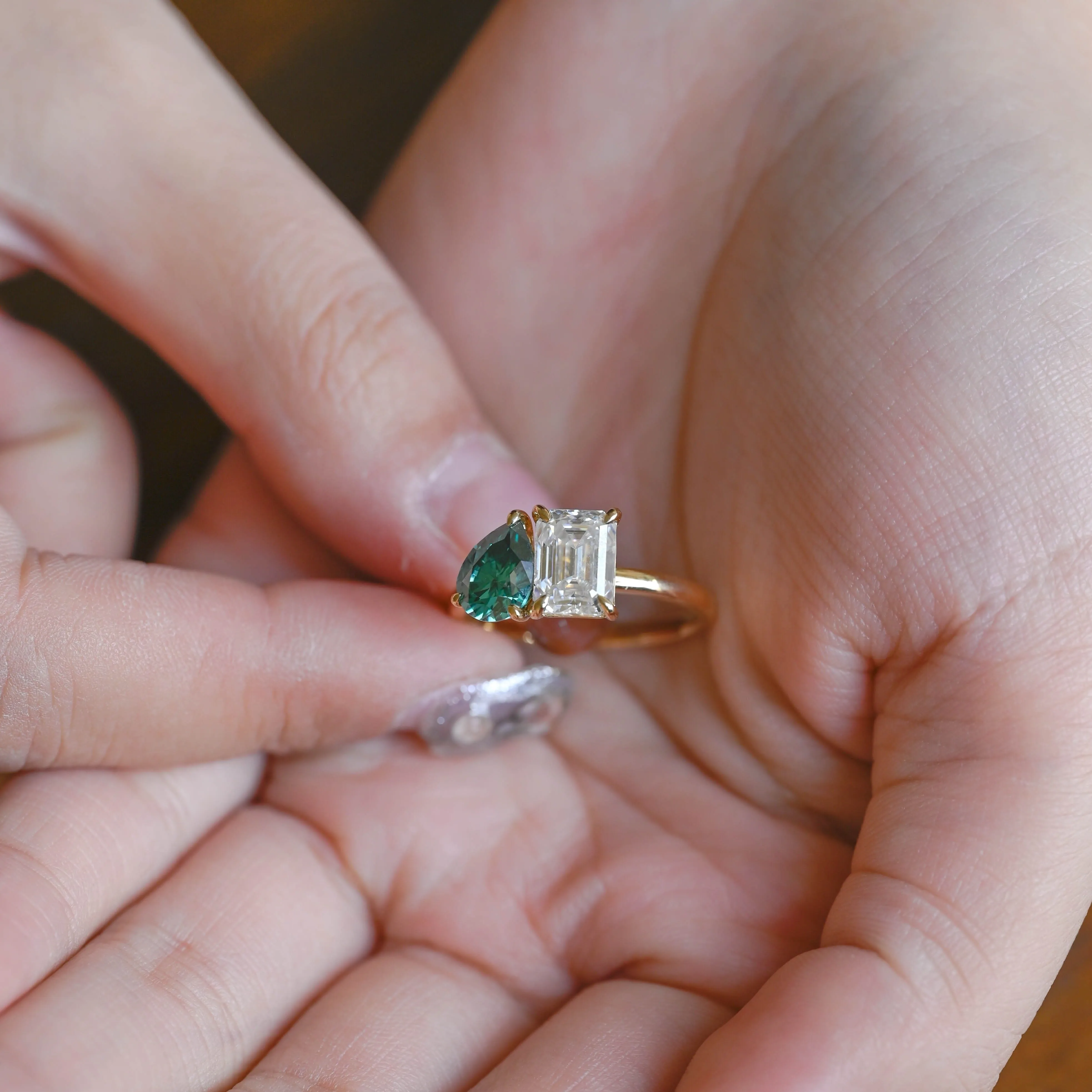 Solid Gold Toi Et Moi Ring, Green Pear Moissanite & Emerald Cut Moissanite Engagement Ring sold by Causyou product image thumbnail 4