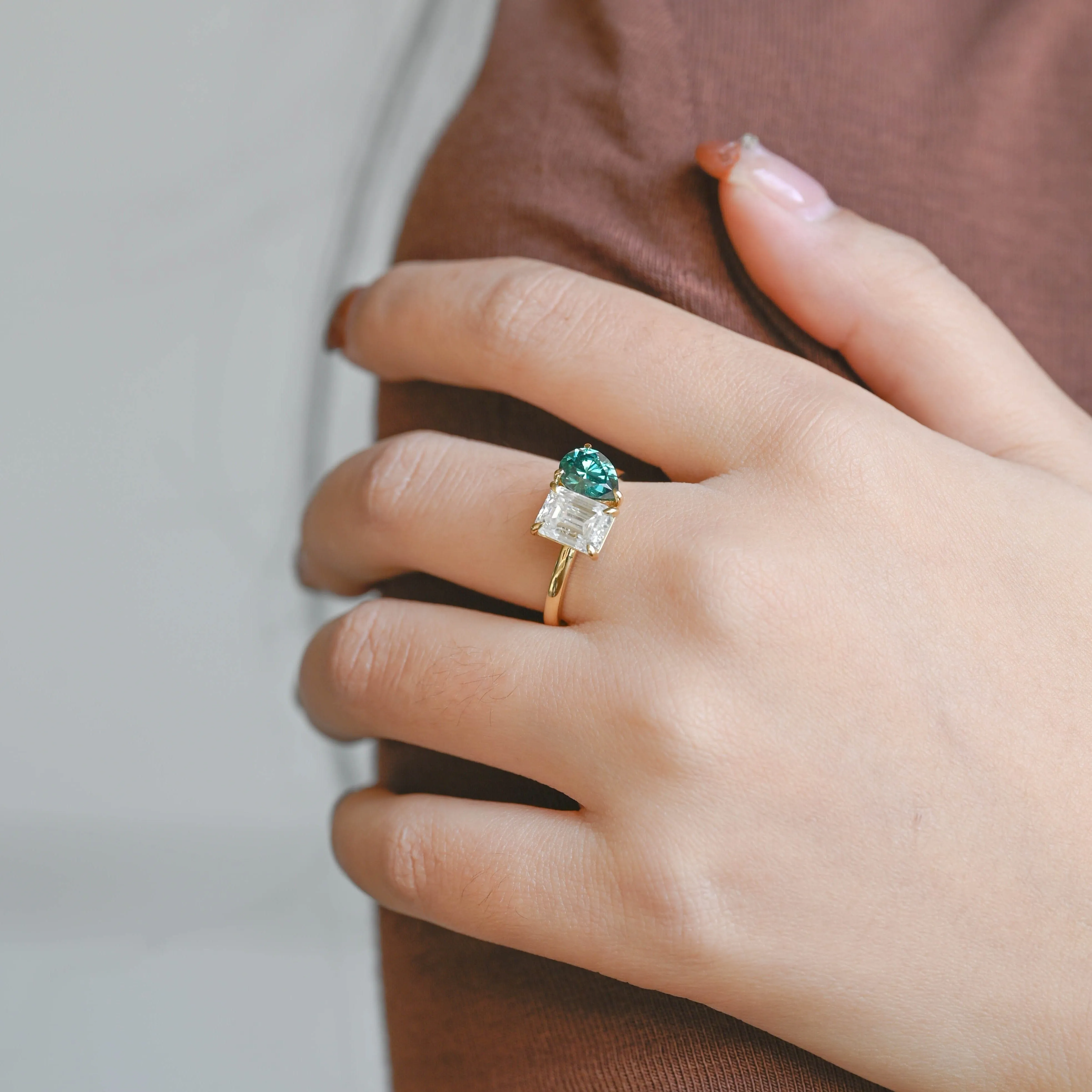 Solid Gold Toi Et Moi Ring, Green Pear Moissanite & Emerald Cut Moissanite Engagement Ring sold by Causyou product image thumbnail 2