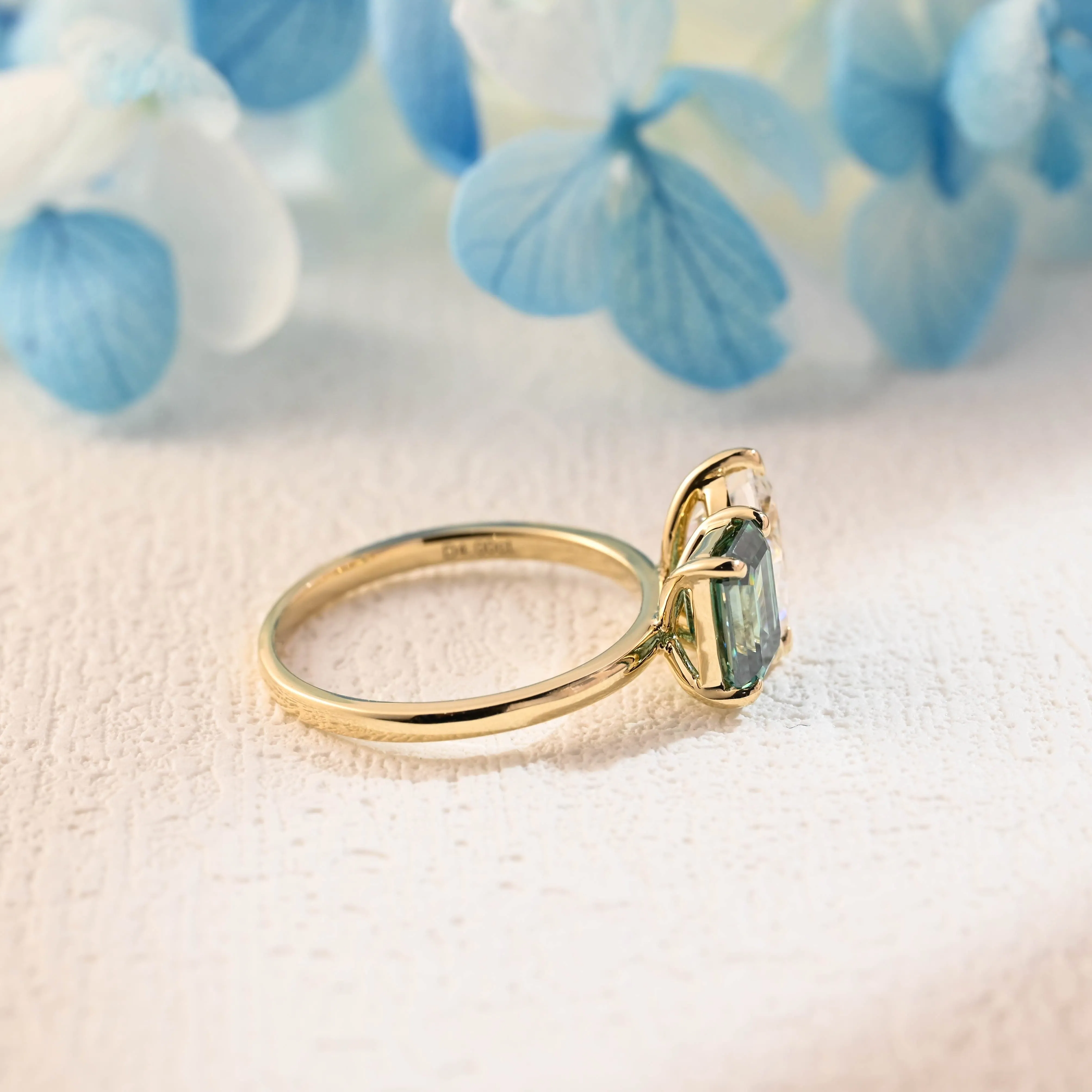 Solid Gold Toi Et Moi Ring, Green Emerald Cut Moissanite & PearMoissanite Engagement Ring sold by Causyou product image thumbnail 5