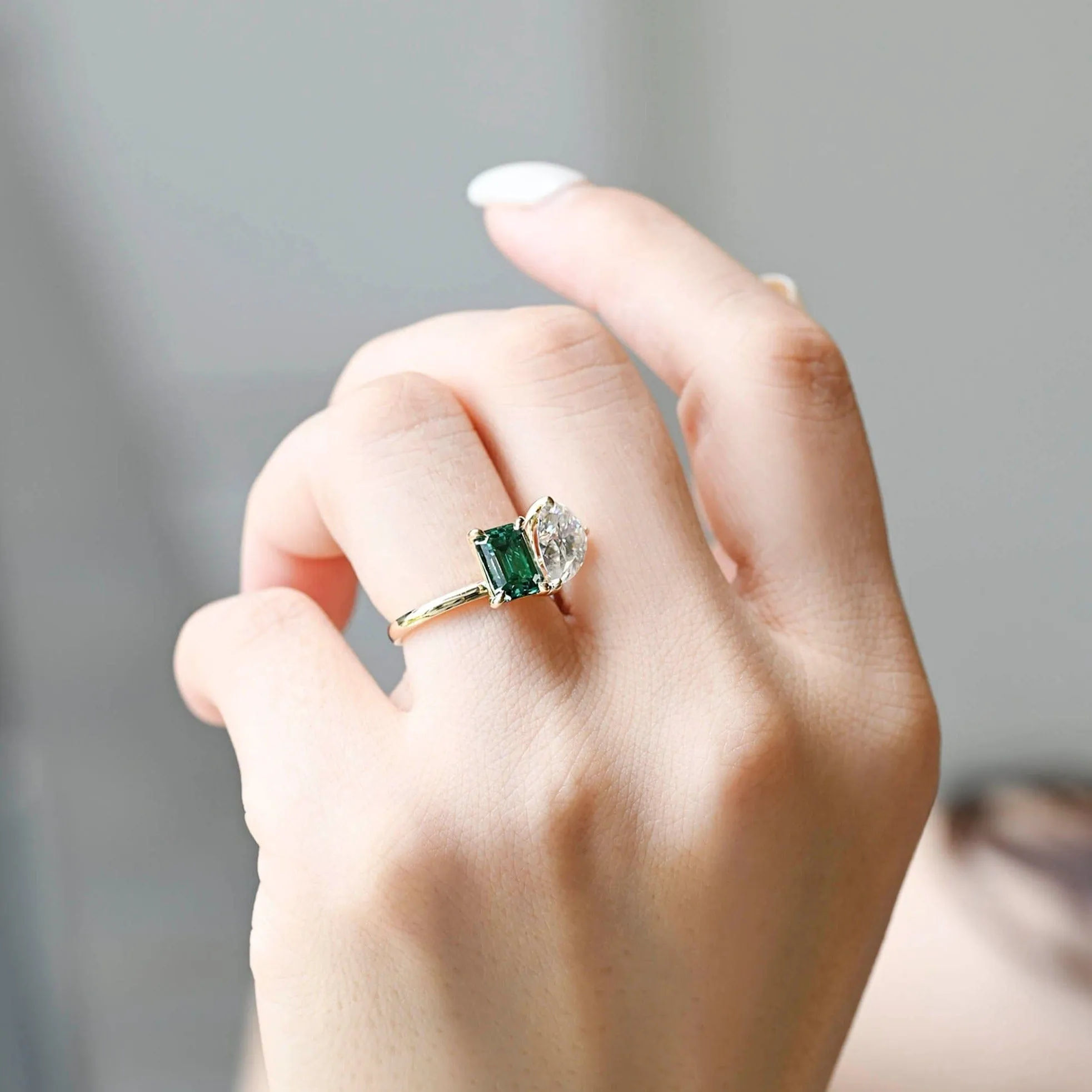 Solid Gold Toi Et Moi Ring, Green Emerald Cut Moissanite & PearMoissanite Engagement Ring sold by Causyou product image thumbnail 4