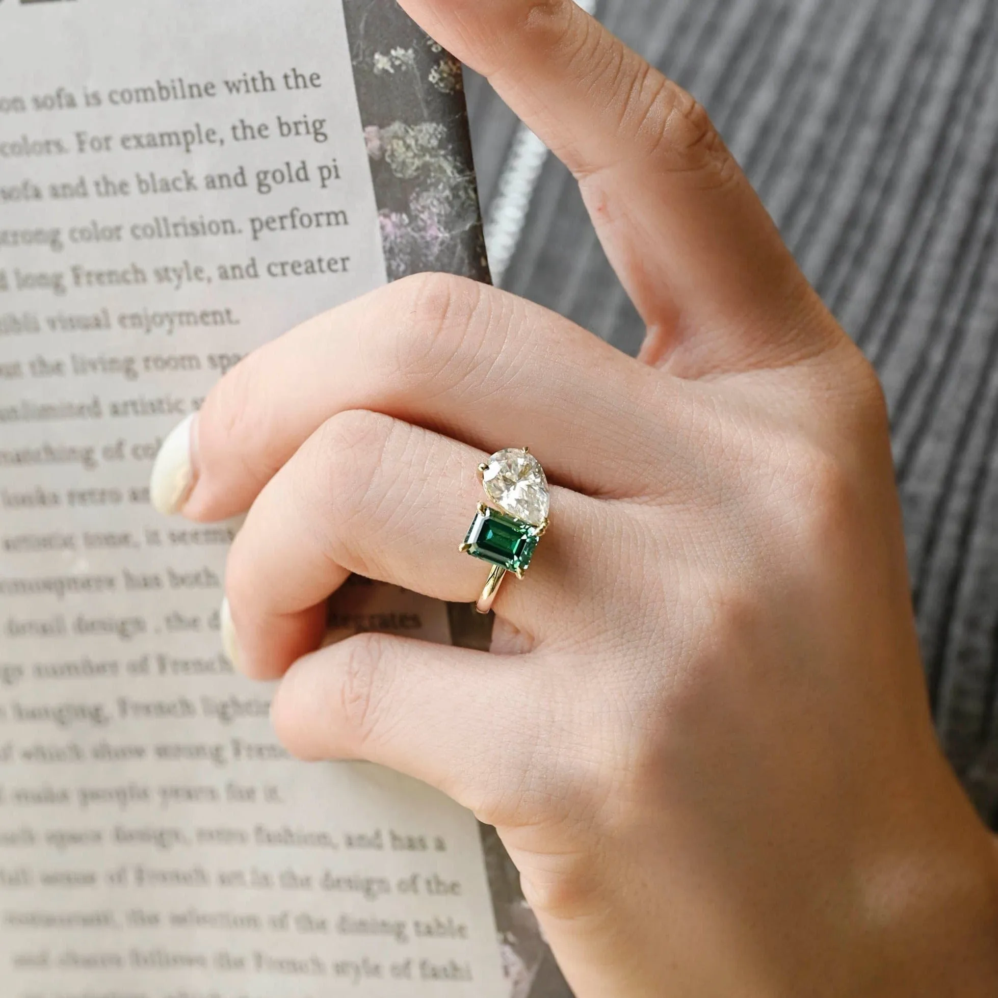 Solid Gold Toi Et Moi Ring, Green Emerald Cut Moissanite & PearMoissanite Engagement Ring sold by Causyou product image thumbnail 2