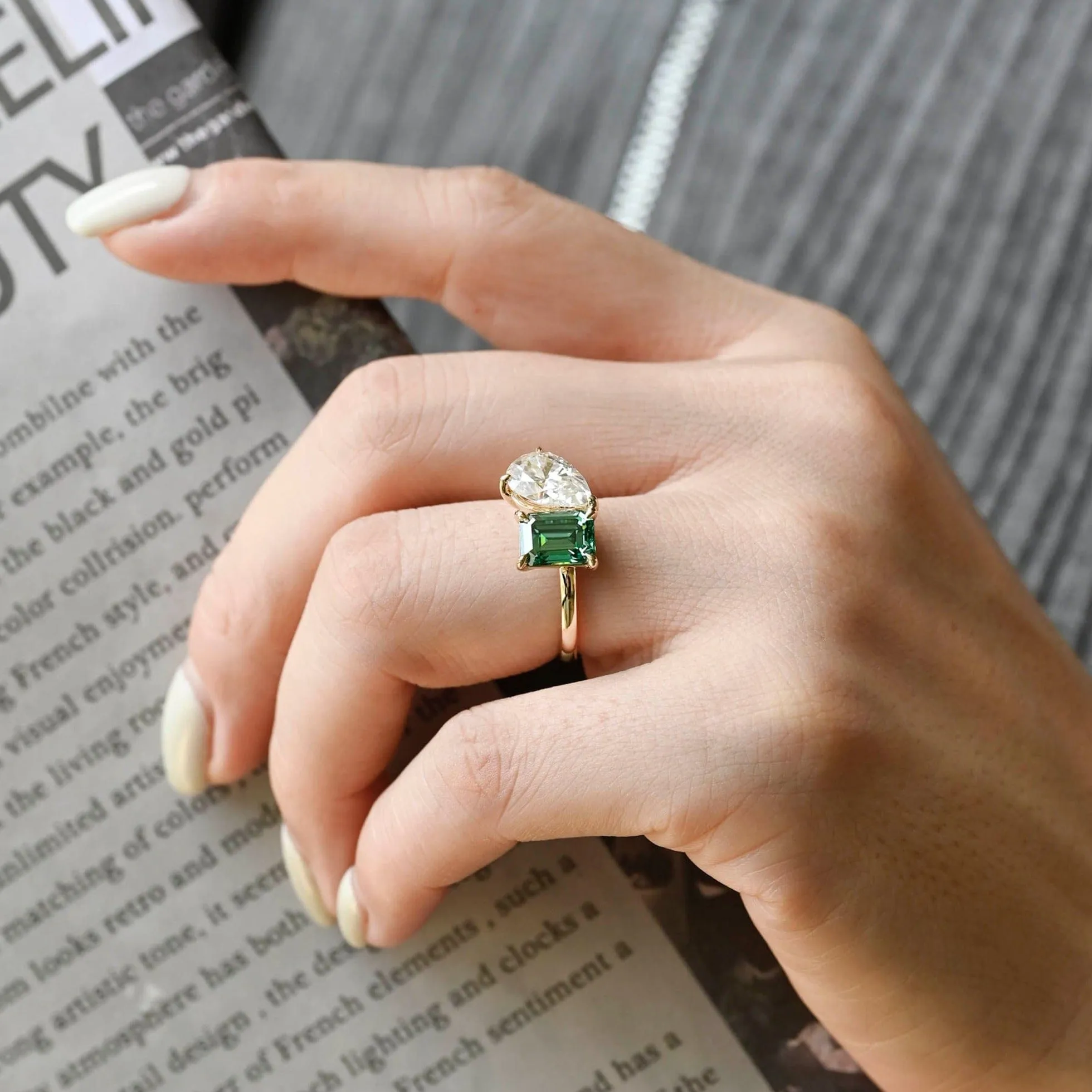 Solid Gold Toi Et Moi Ring, Green Emerald Cut Moissanite & PearMoissanite Engagement Ring sold by Causyou product image thumbnail 3