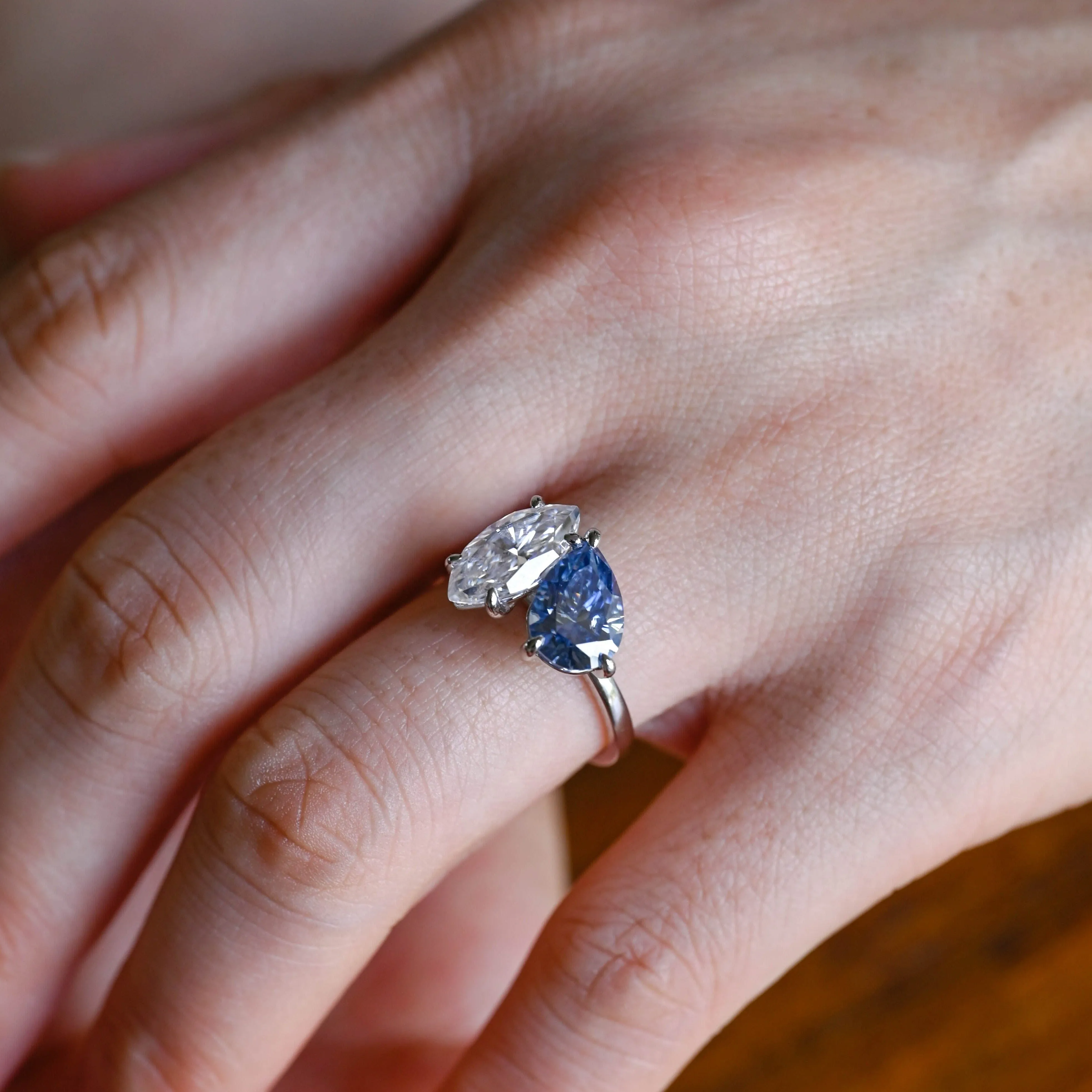 Solid Gold Toi Et Moi Ring, Marquise & Blue Moissanite Engagement Ring sold by Causyou product image thumbnail 2