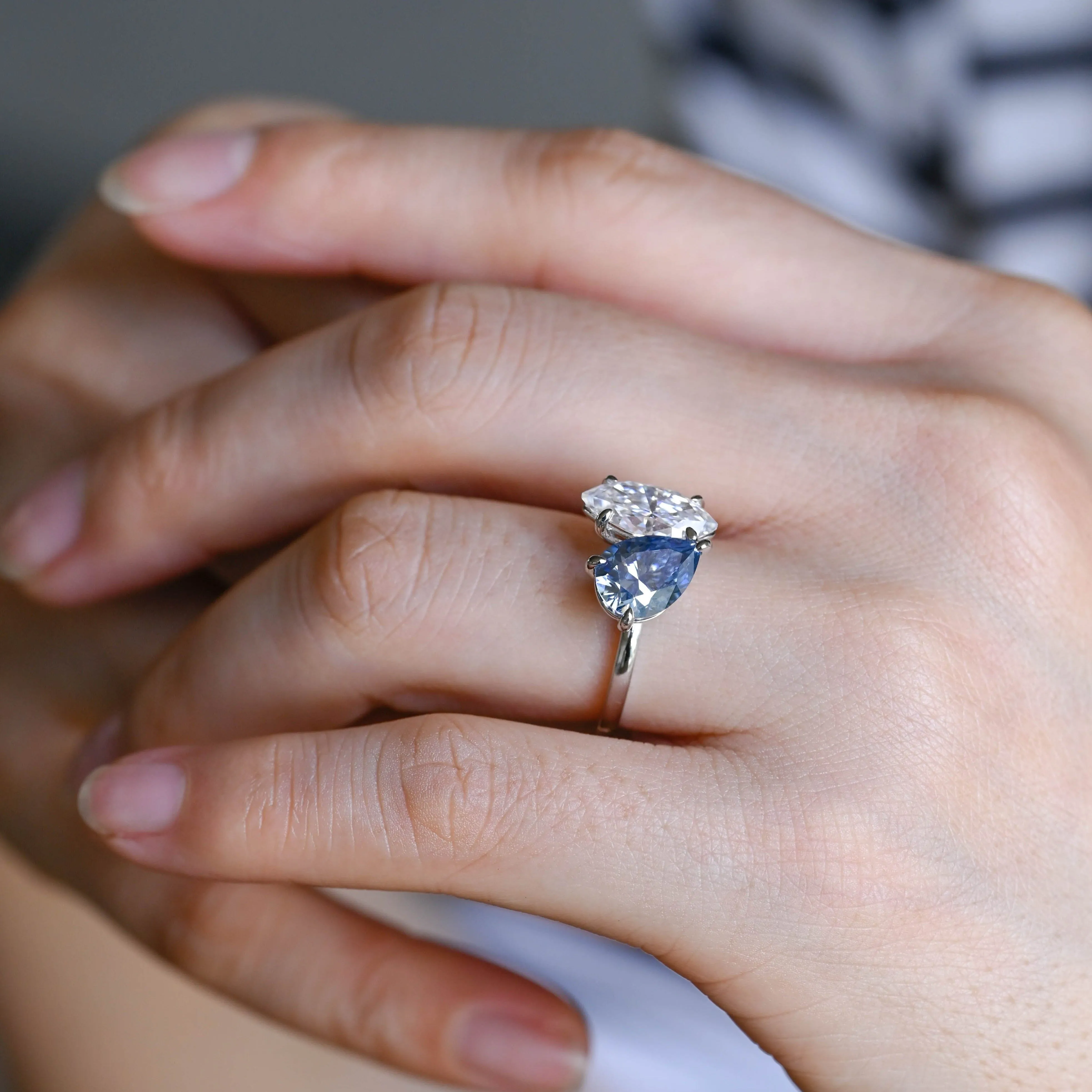 Solid Gold Toi Et Moi Ring, Marquise & Blue Moissanite Engagement Ring sold by Causyou product image thumbnail 3