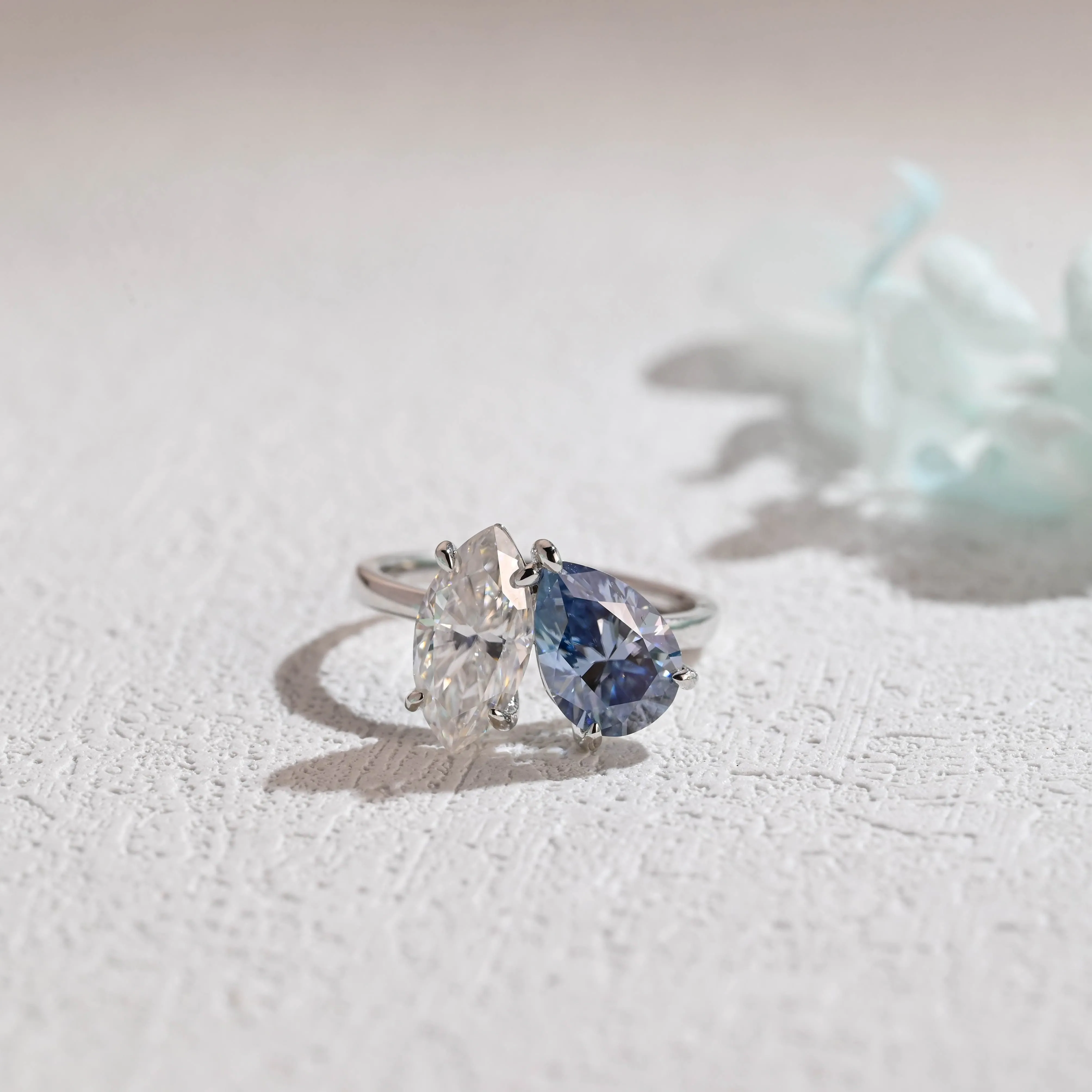 Solid Gold Toi Et Moi Ring, Marquise & Blue Moissanite Engagement Ring sold by Causyou