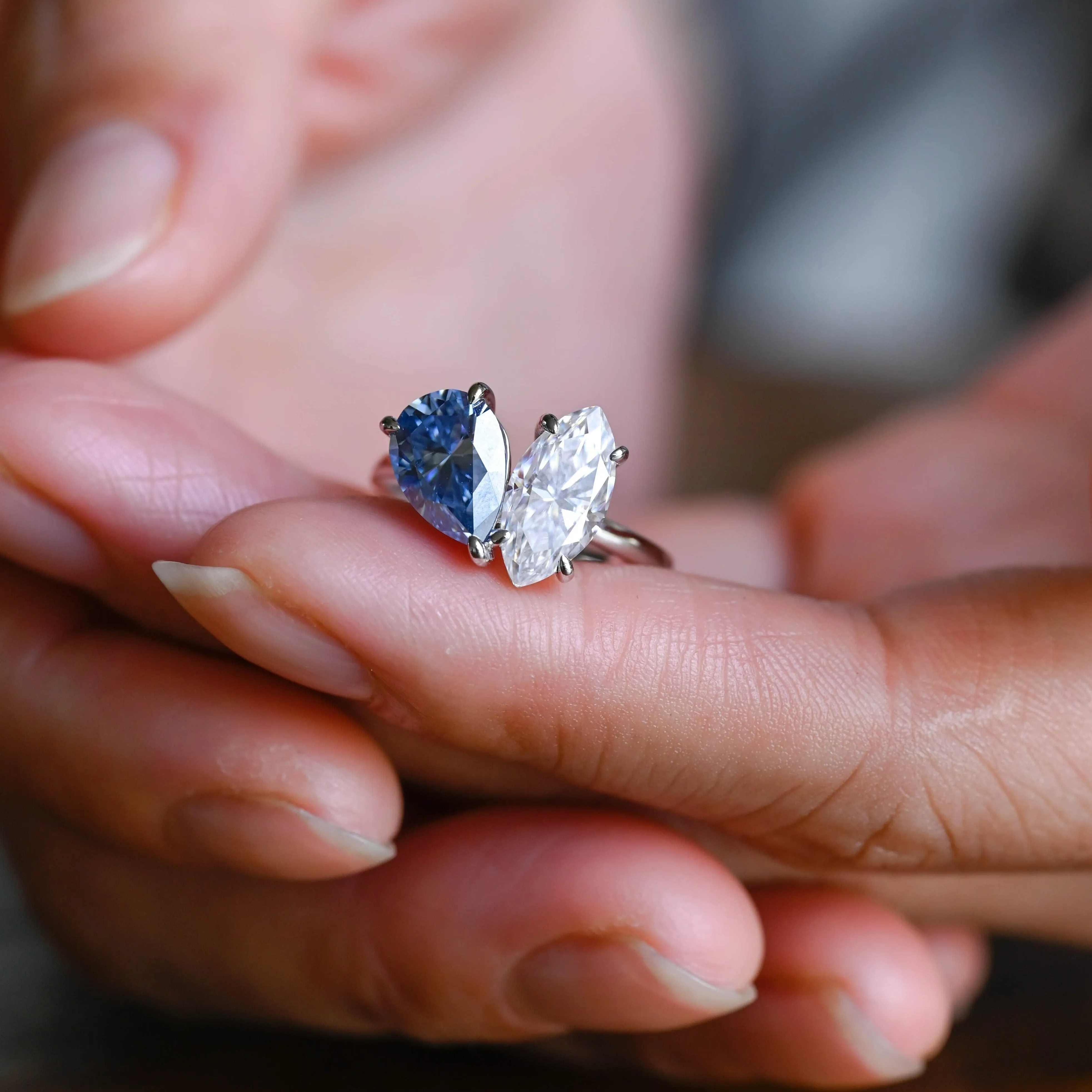 Solid Gold Toi Et Moi Ring, Marquise & Blue Moissanite Engagement Ring sold by Causyou product image thumbnail 4