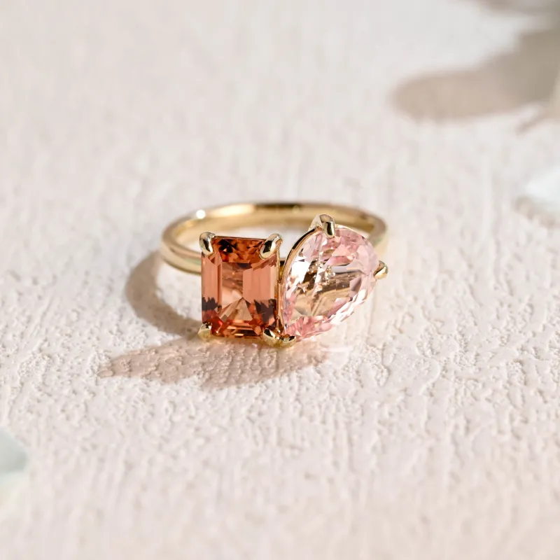 Solid Gold Toi Et Moi Ring, Orange & Pink Lab Sapphire Engagement Ring made by Causyou