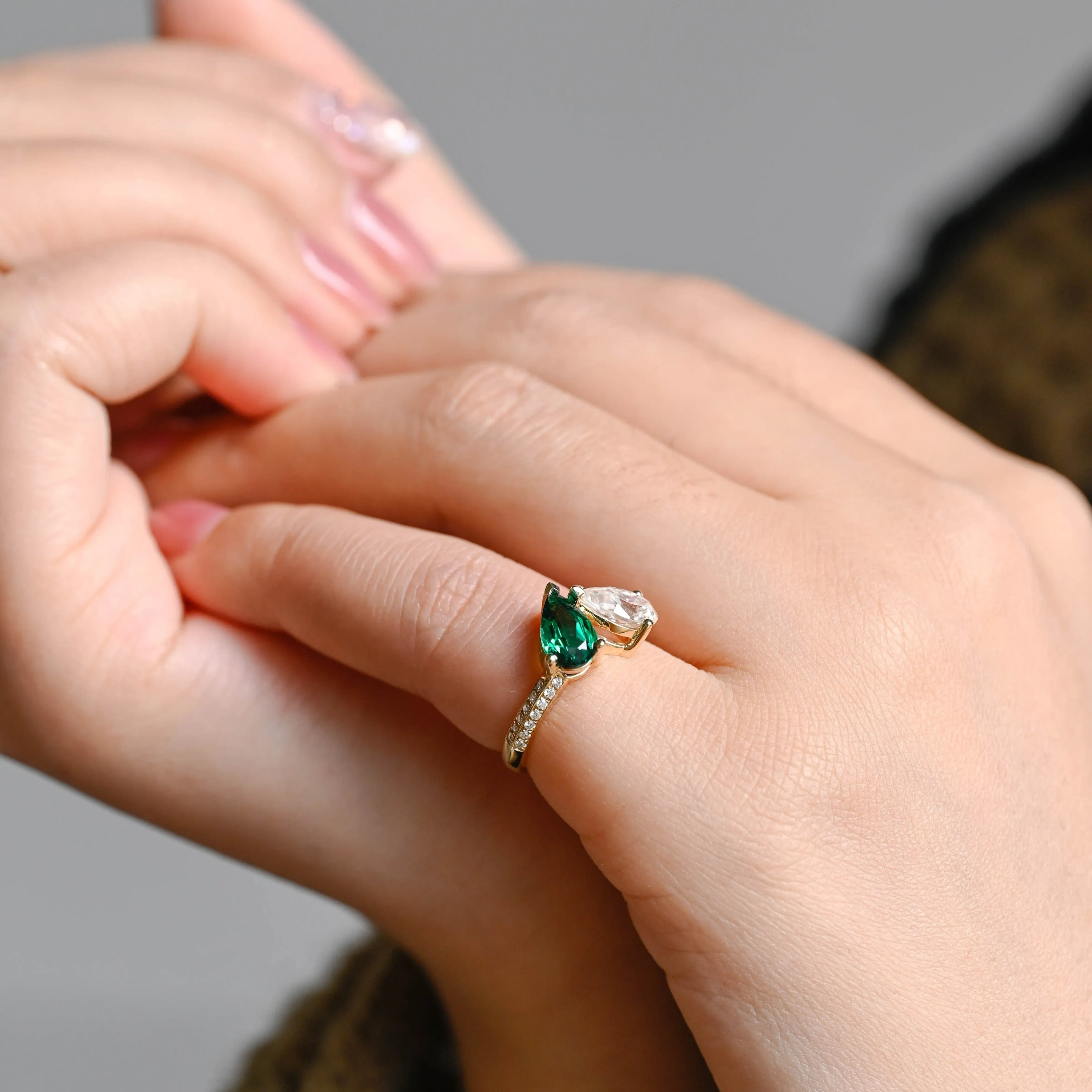Solid Gold Toi Et Moi Ring, Pear Cut Lab Grown Emerald & Pear Cut Moissanite Engagement Ring sold by Causyou product image thumbnail 4