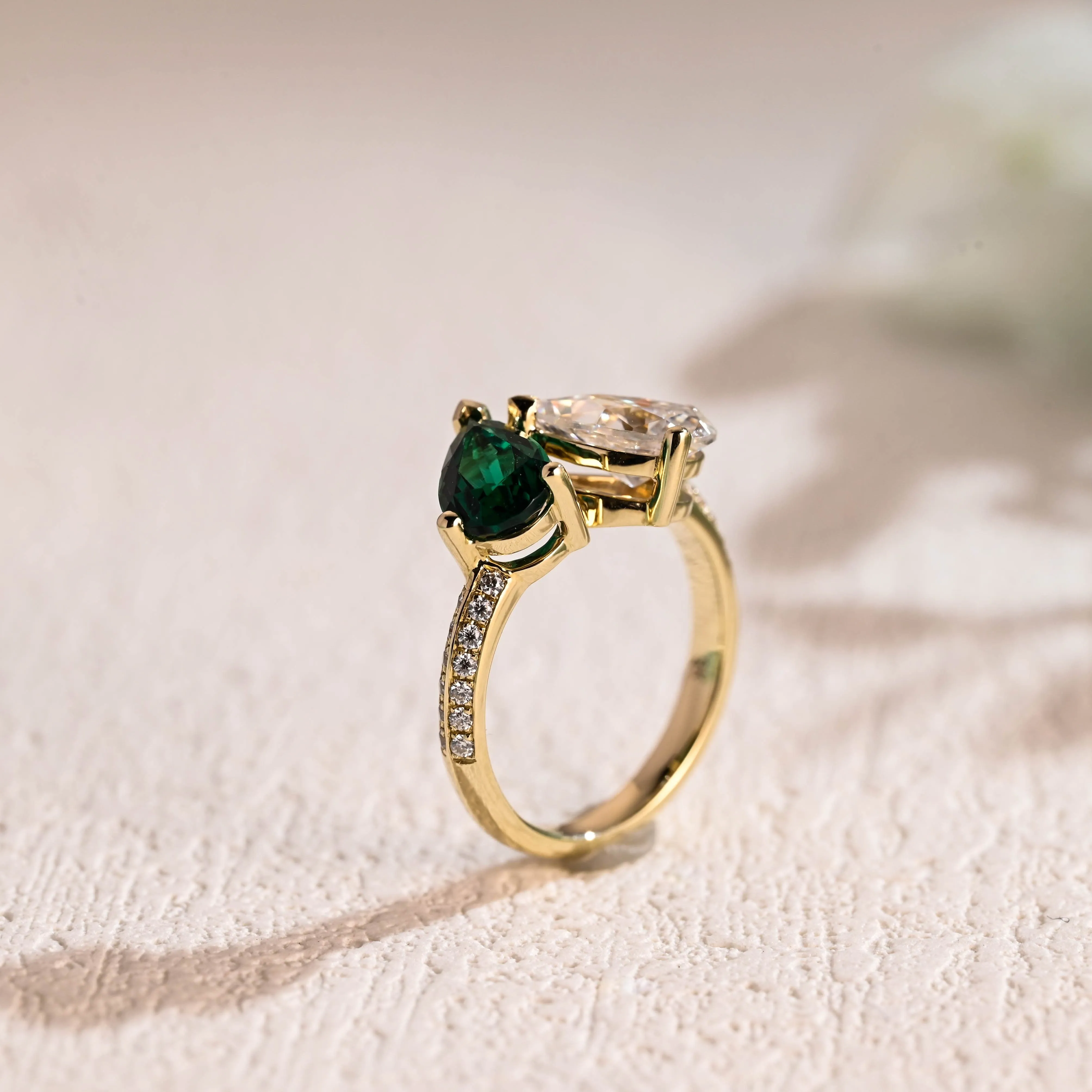 Solid Gold Toi Et Moi Ring, Pear Cut Lab Grown Emerald & Pear Cut Moissanite Engagement Ring sold by Causyou product image thumbnail 5