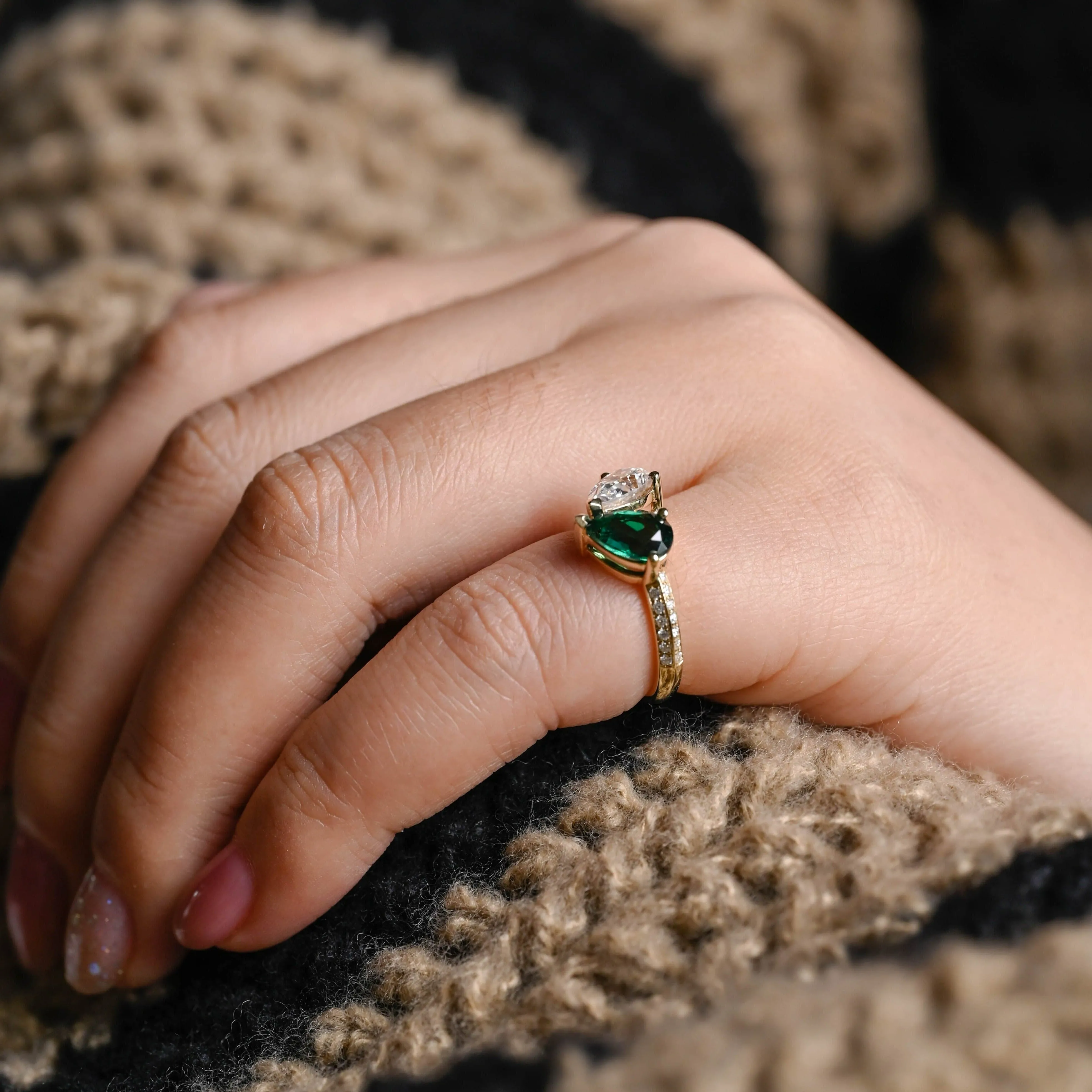 Solid Gold Toi Et Moi Ring, Pear Cut Lab Grown Emerald & Pear Cut Moissanite Engagement Ring sold by Causyou product image thumbnail 3