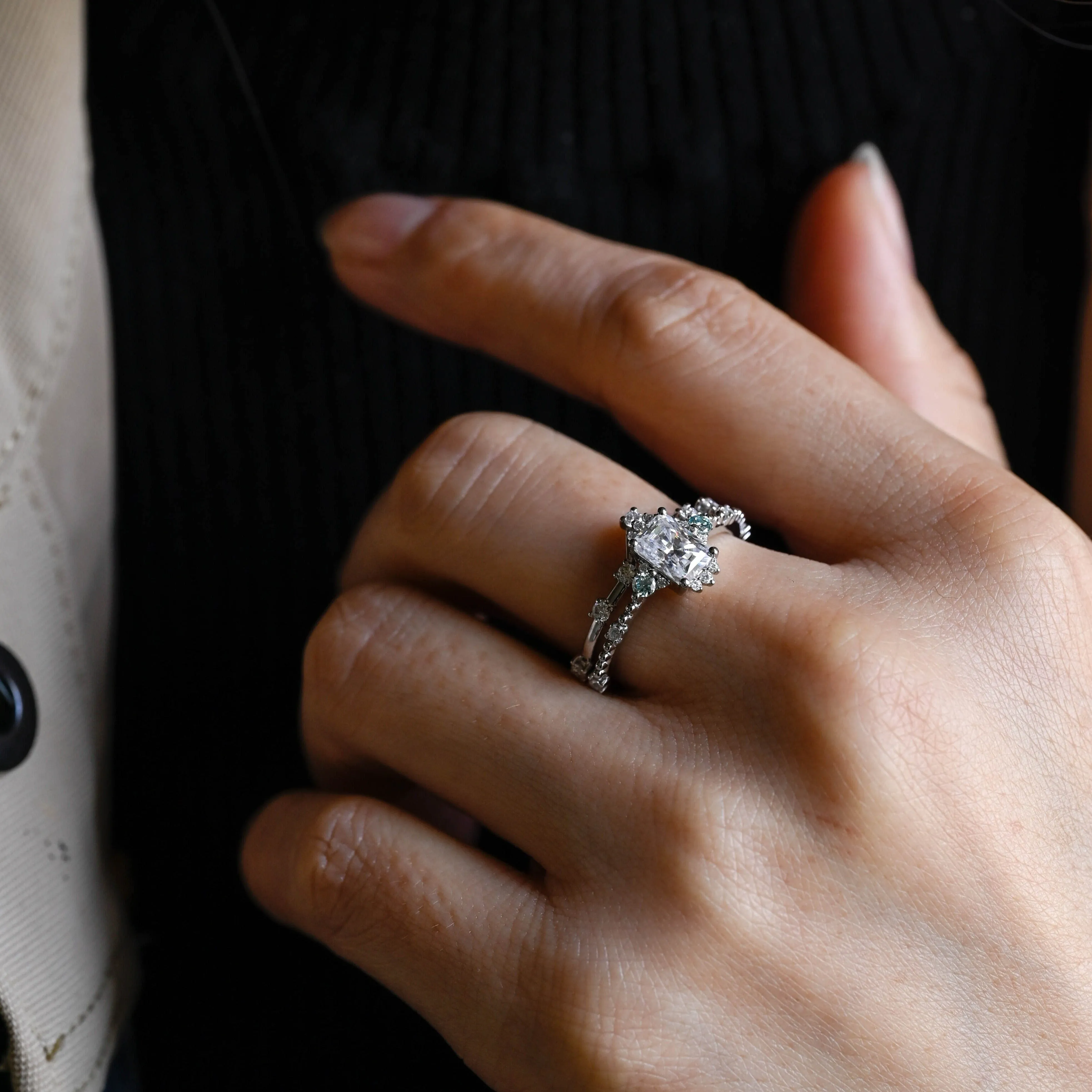 Solid Gold Radiant Cut Moissanite Engagement Ring and Wedding Ring Bridal Set sold by Causyou product image thumbnail 2