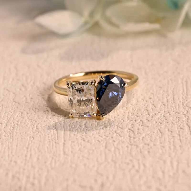 Solid Gold Toi Et Moi Ring, Lab Grown Sapphire & Radiant Moissanite Engagement Ring made by Causyou
