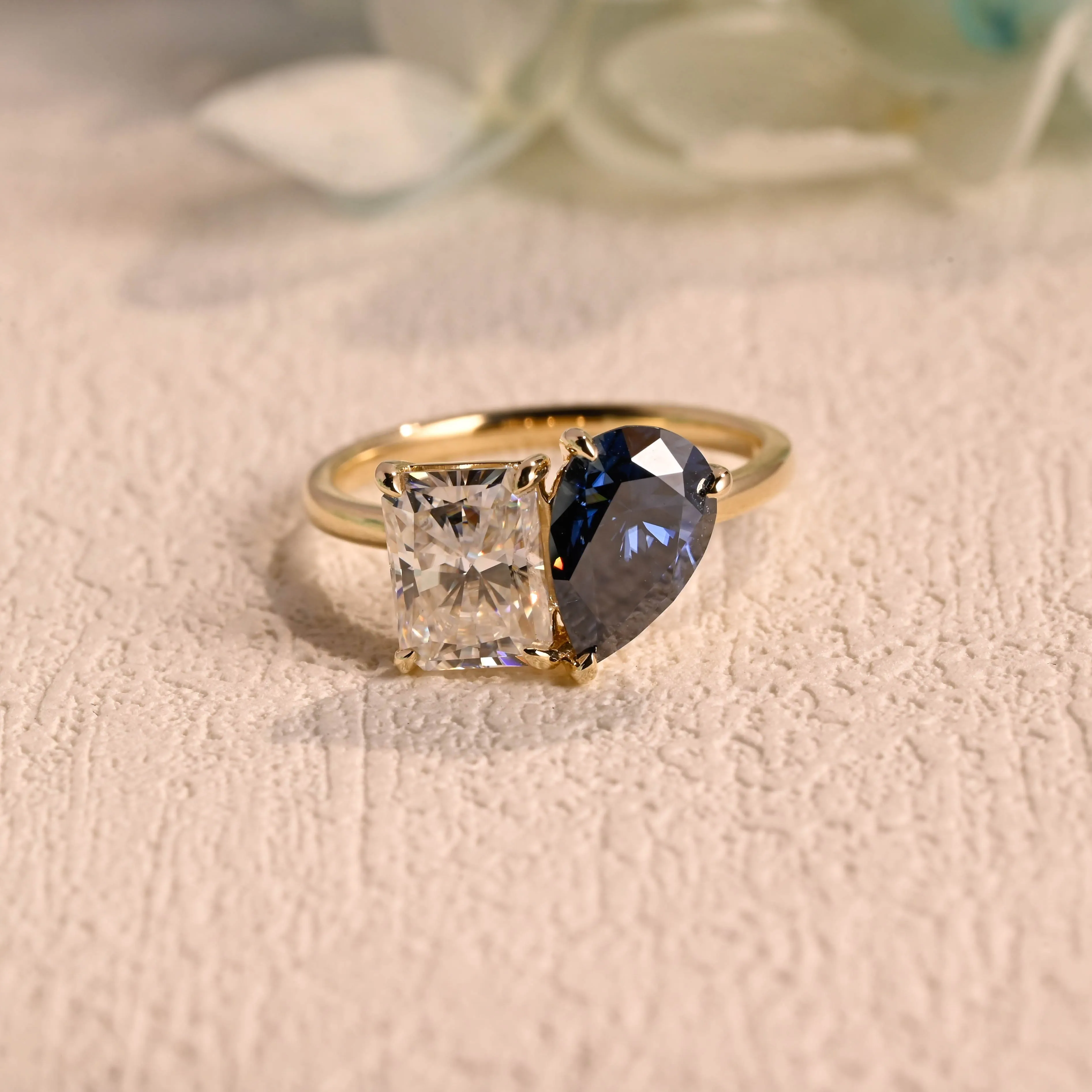 Solid Gold Toi Et Moi Ring, Lab Grown Sapphire & Radiant Moissanite Engagement Ring sold by Causyou
