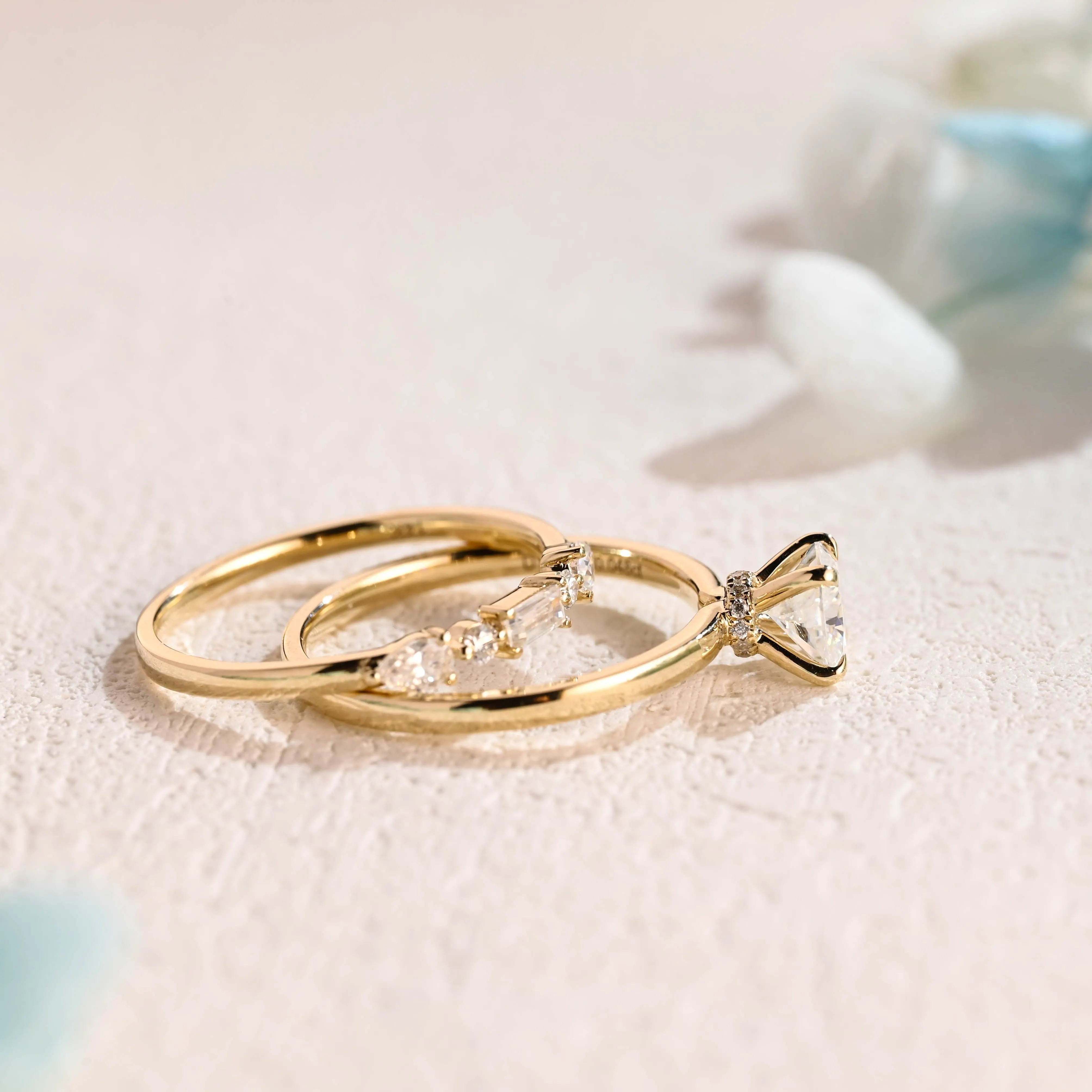 Solid Gold Cushion Cut Moissanite Engagement Ring and Wedding Ring Set sold by Causyou product image thumbnail 5