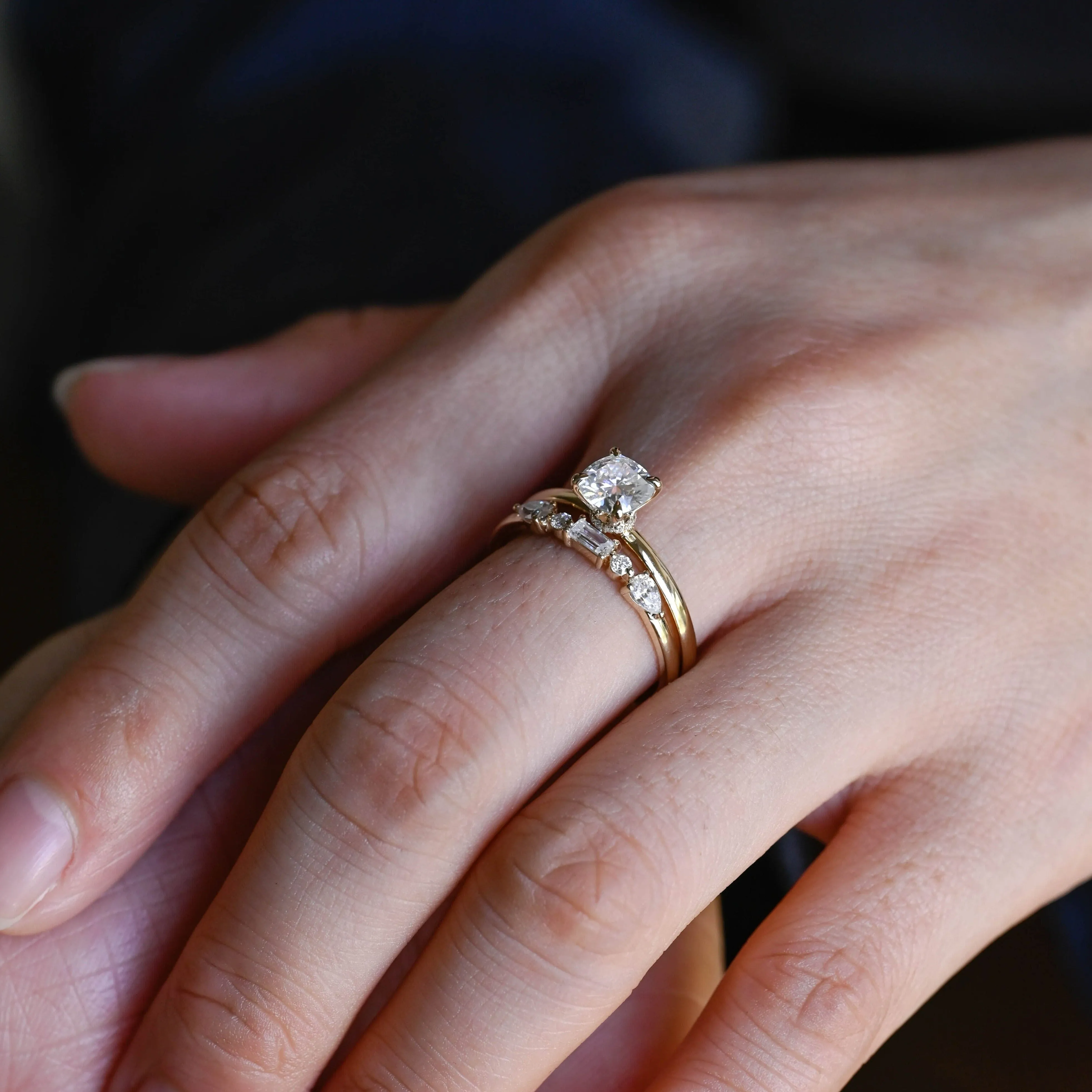Solid Gold Cushion Cut Moissanite Engagement Ring and Wedding Ring Set sold by Causyou product image thumbnail 2