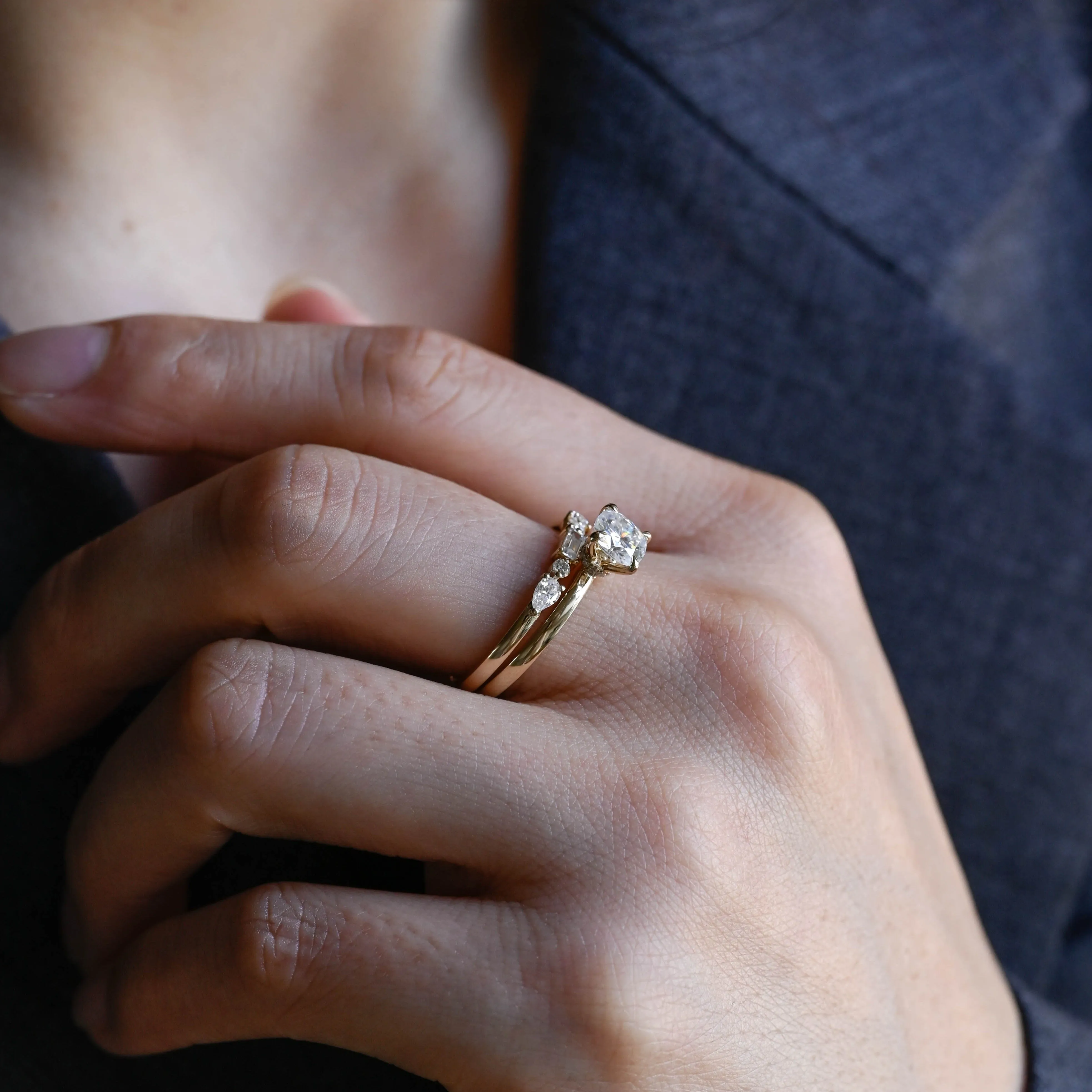 Solid Gold Cushion Cut Moissanite Engagement Ring and Wedding Ring Set sold by Causyou product image thumbnail 3