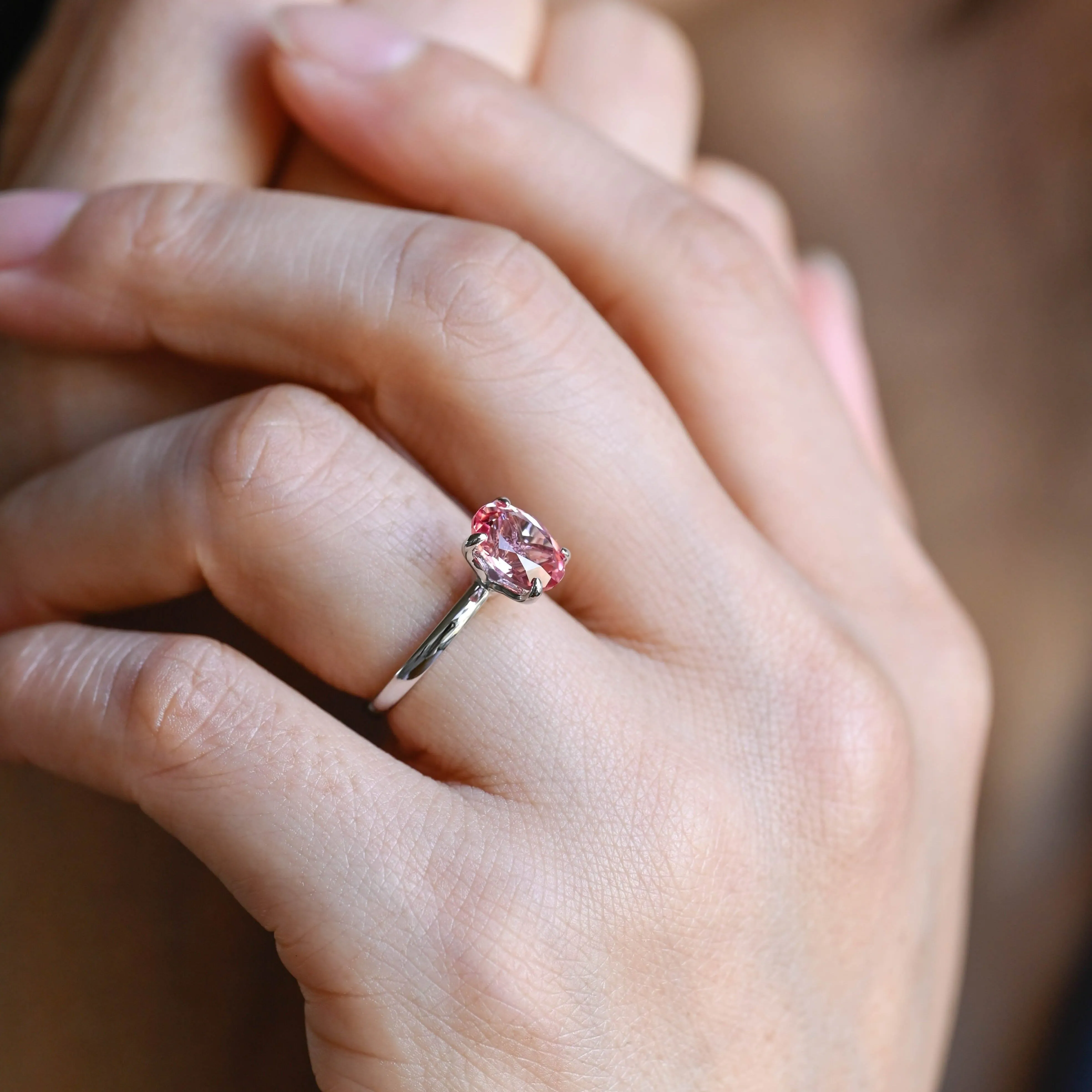 Solid Gold Solitaire Tulip Oval Lab Grown Pink Sapphire Engagement Ring sold by Causyou product image thumbnail 3
