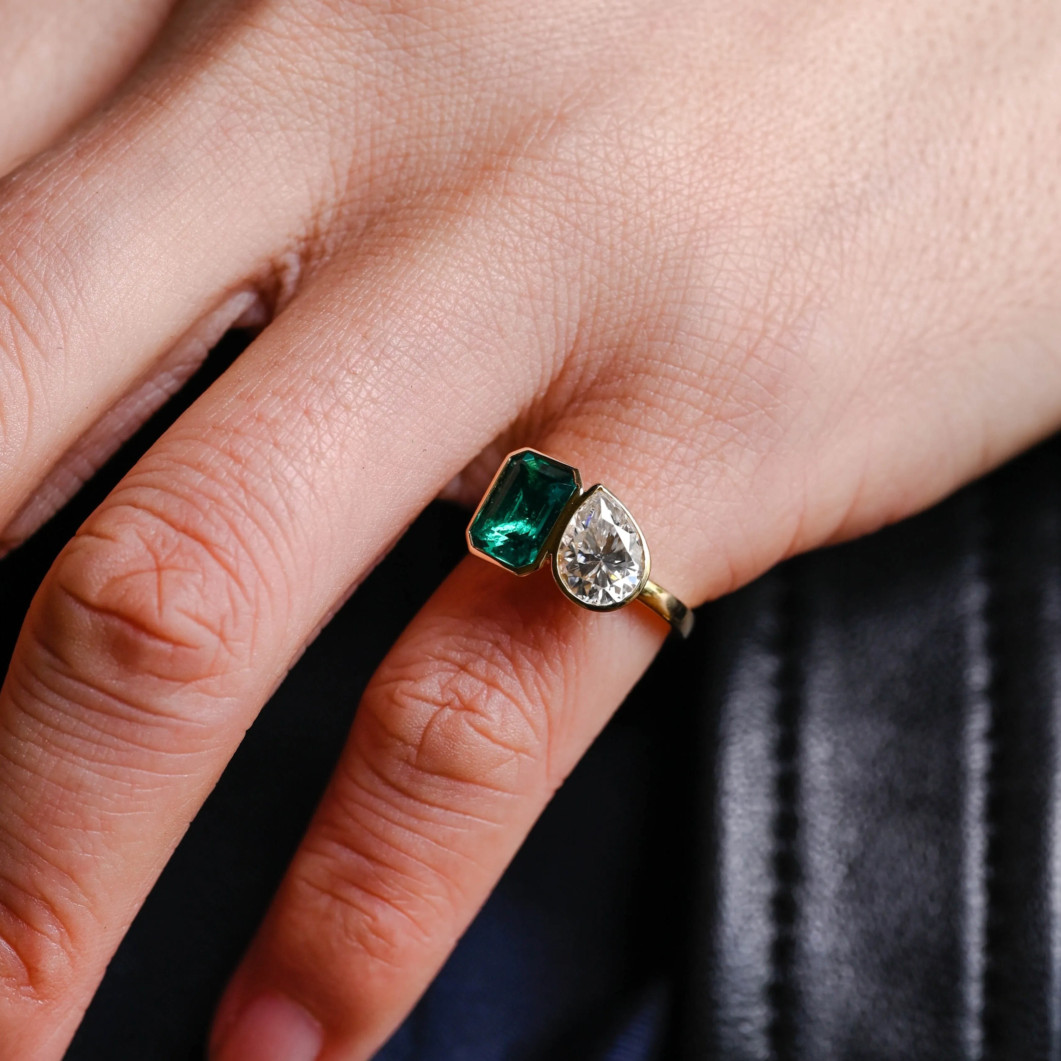 Solid Gold Bezel Toi Et Moi Lab Emerald & Pear Cut Moissanite Engagement Ring sold by Causyou product image thumbnail 2