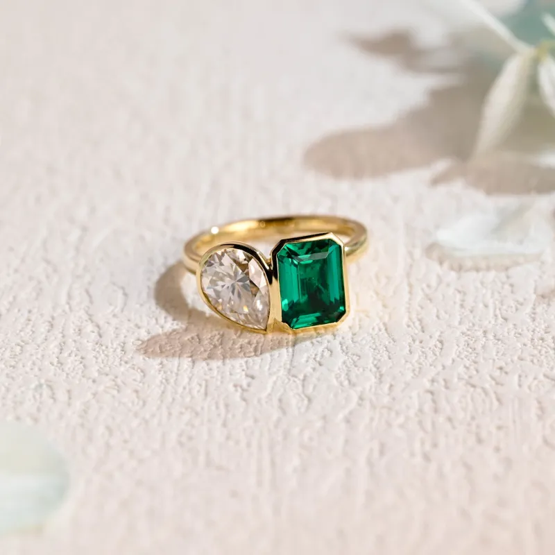 Solid Gold Bezel Toi Et Moi Lab Emerald & Pear Cut Moissanite Engagement Ring made by Causyou