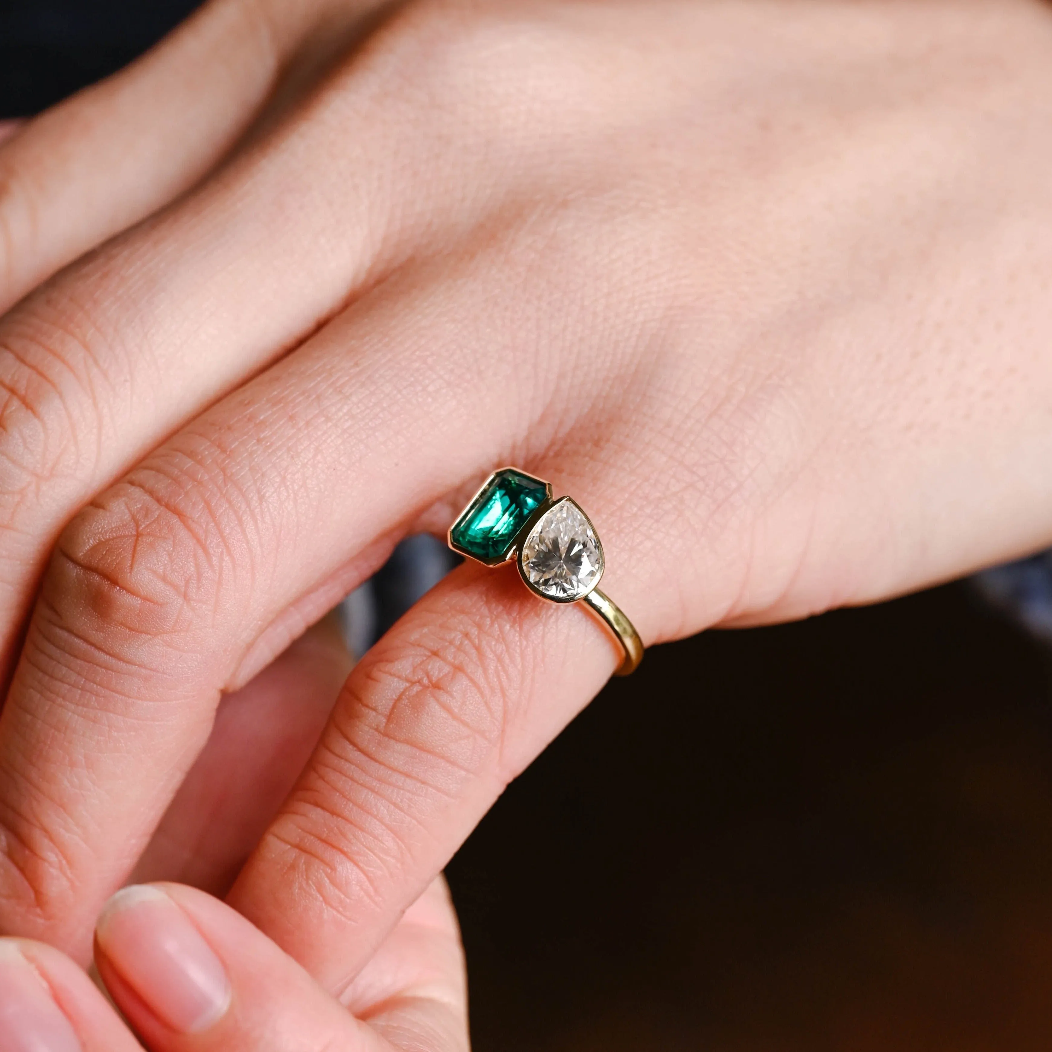 Solid Gold Bezel Toi Et Moi Lab Emerald & Pear Cut Moissanite Engagement Ring sold by Causyou product image thumbnail 3