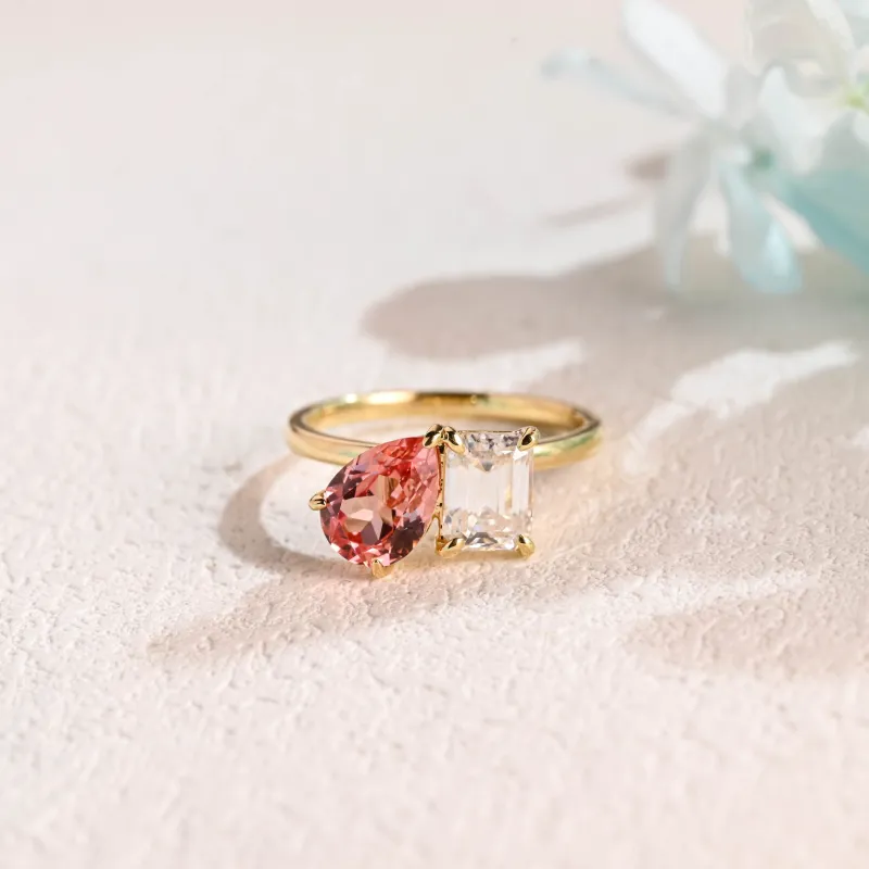 Solid Gold Toi et Moi Ring, Lab Pink Spphire Engagament Ring made by Causyou
