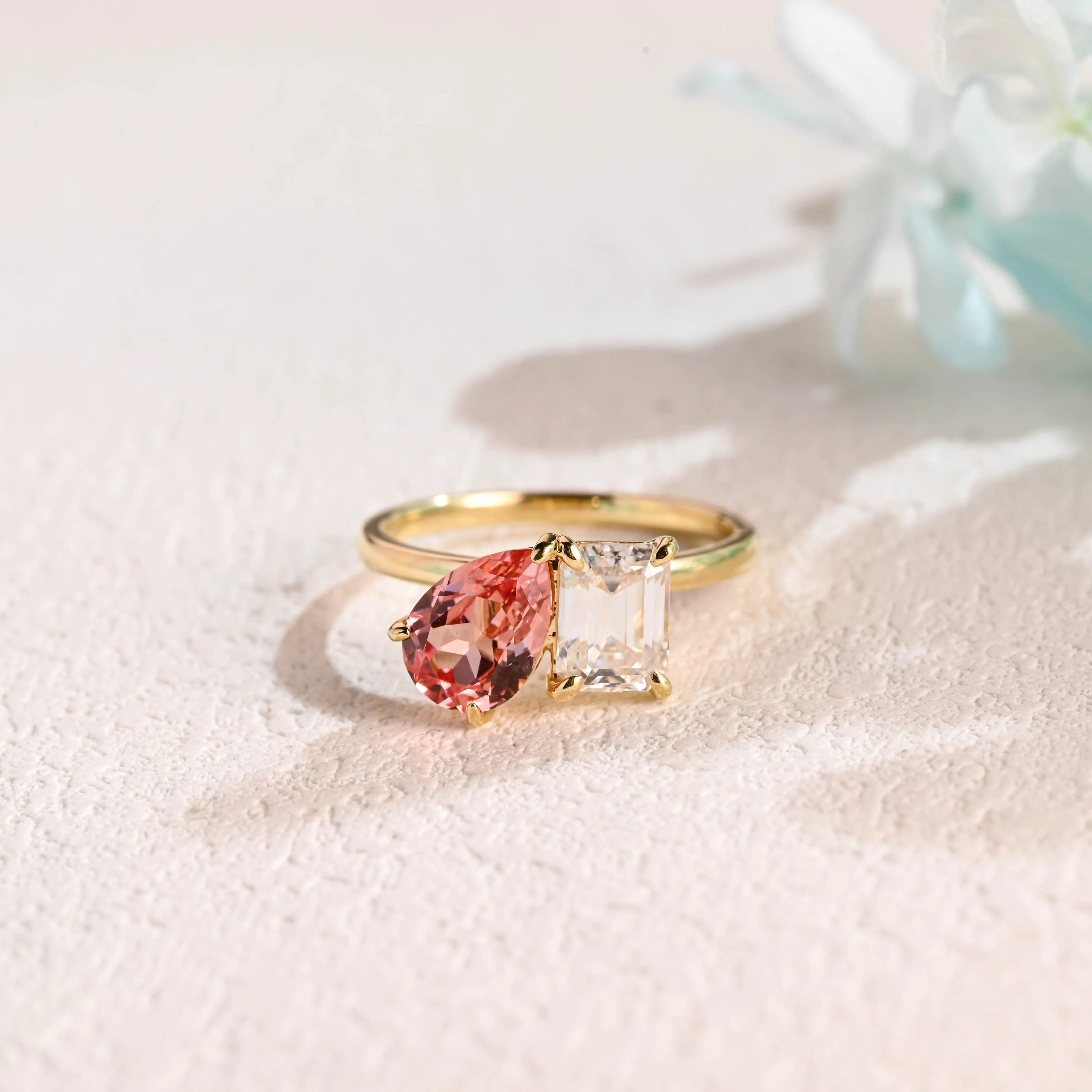 Solid Gold Toi et Moi Ring, Lab Pink Spphire Engagament Ring sold by Causyou