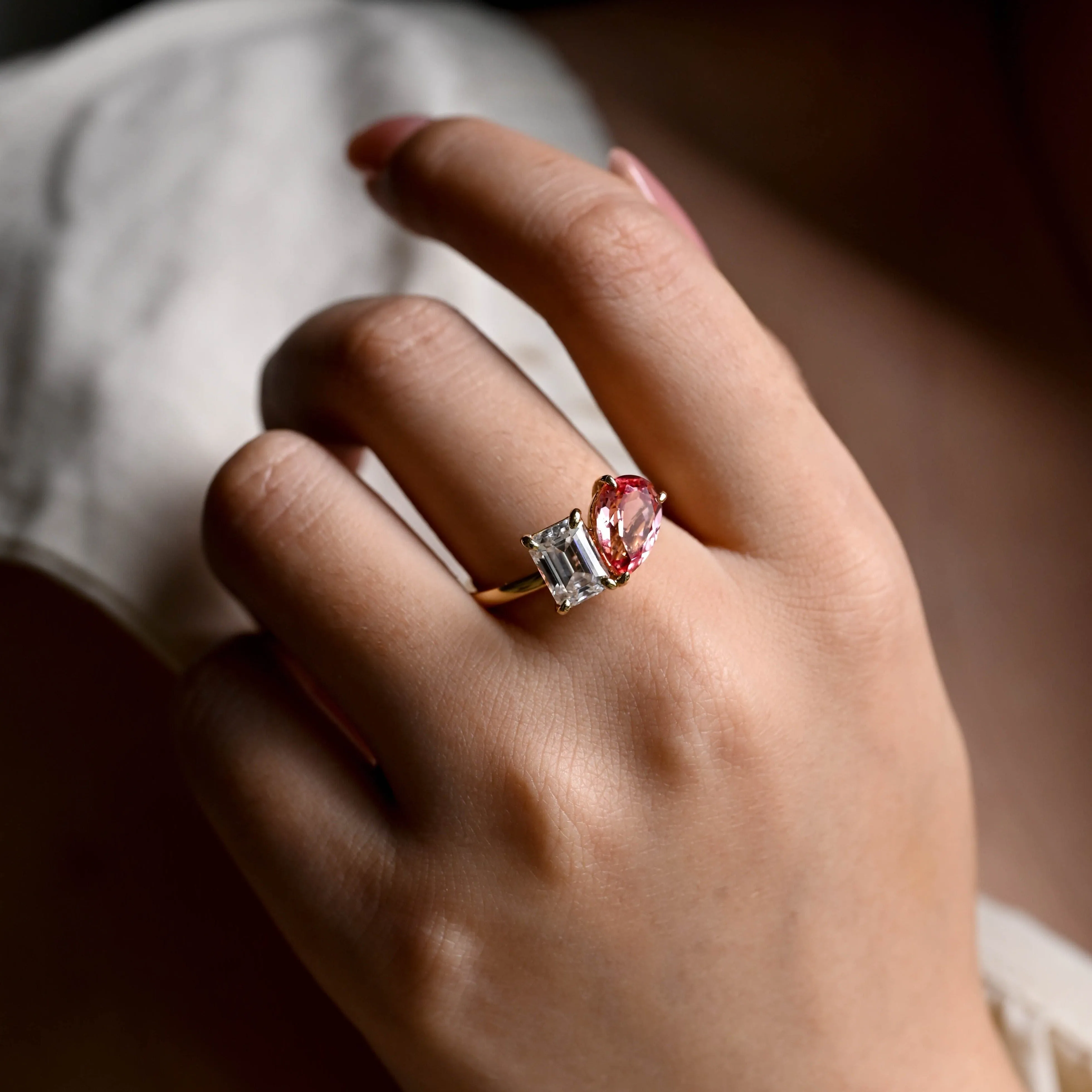 Solid Gold Toi et Moi Ring, Lab Pink Spphire Engagament Ring sold by Causyou product image thumbnail 2