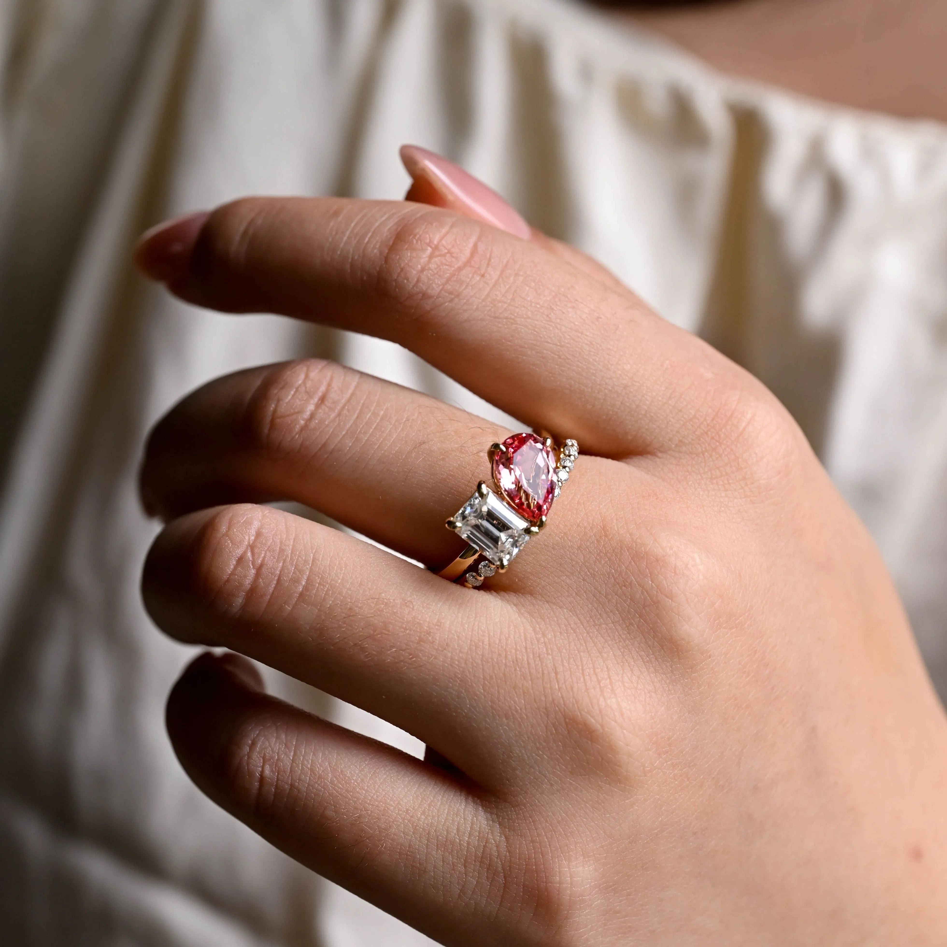 Solid Gold Toi et Moi Ring, Lab Pink Spphire Engagament Ring sold by Causyou product image thumbnail 4