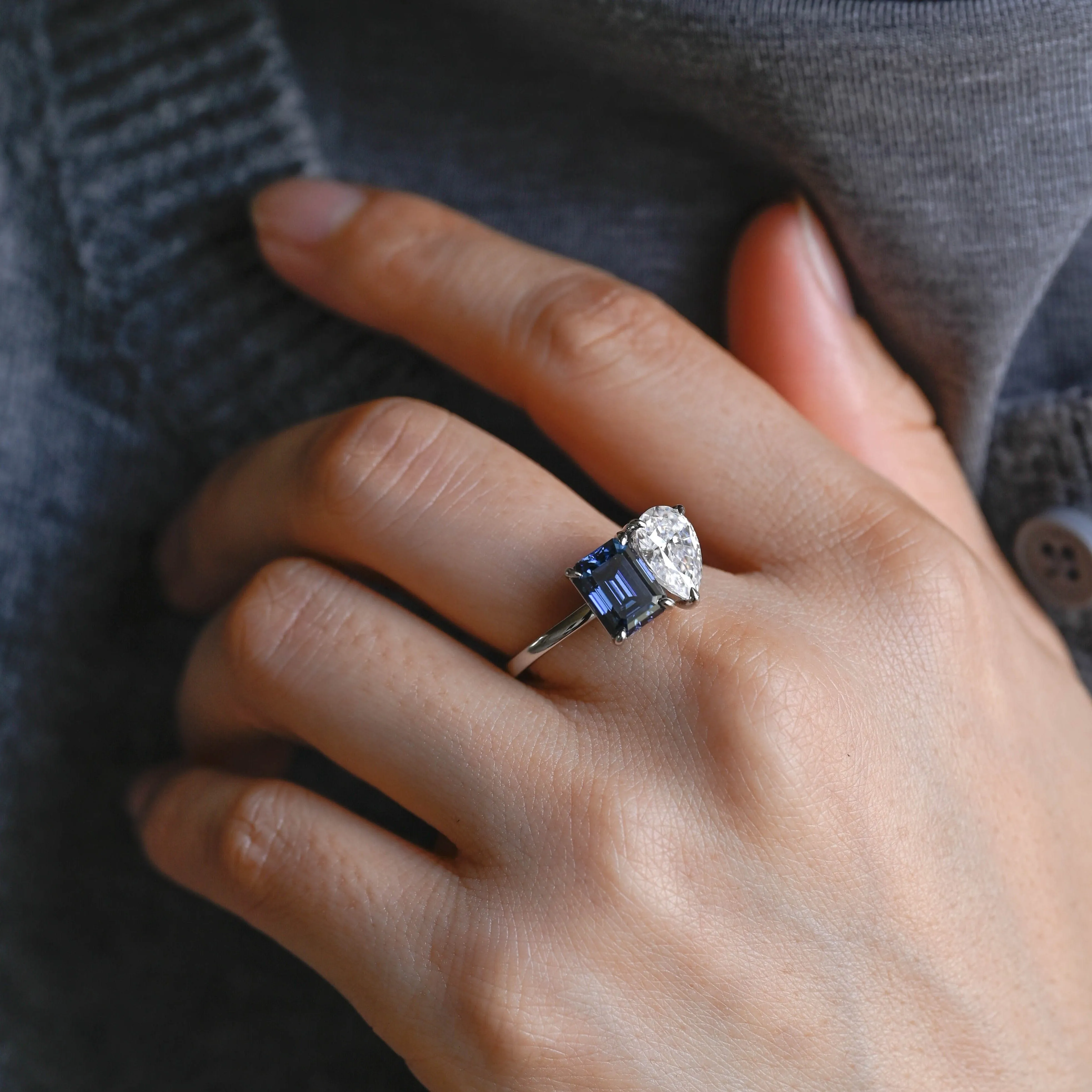 Solid Gold Toi Et Moi Ring, Blue Emerald Cut & Pear Cut Moissanite Engagement Ring sold by Causyou product image thumbnail 2