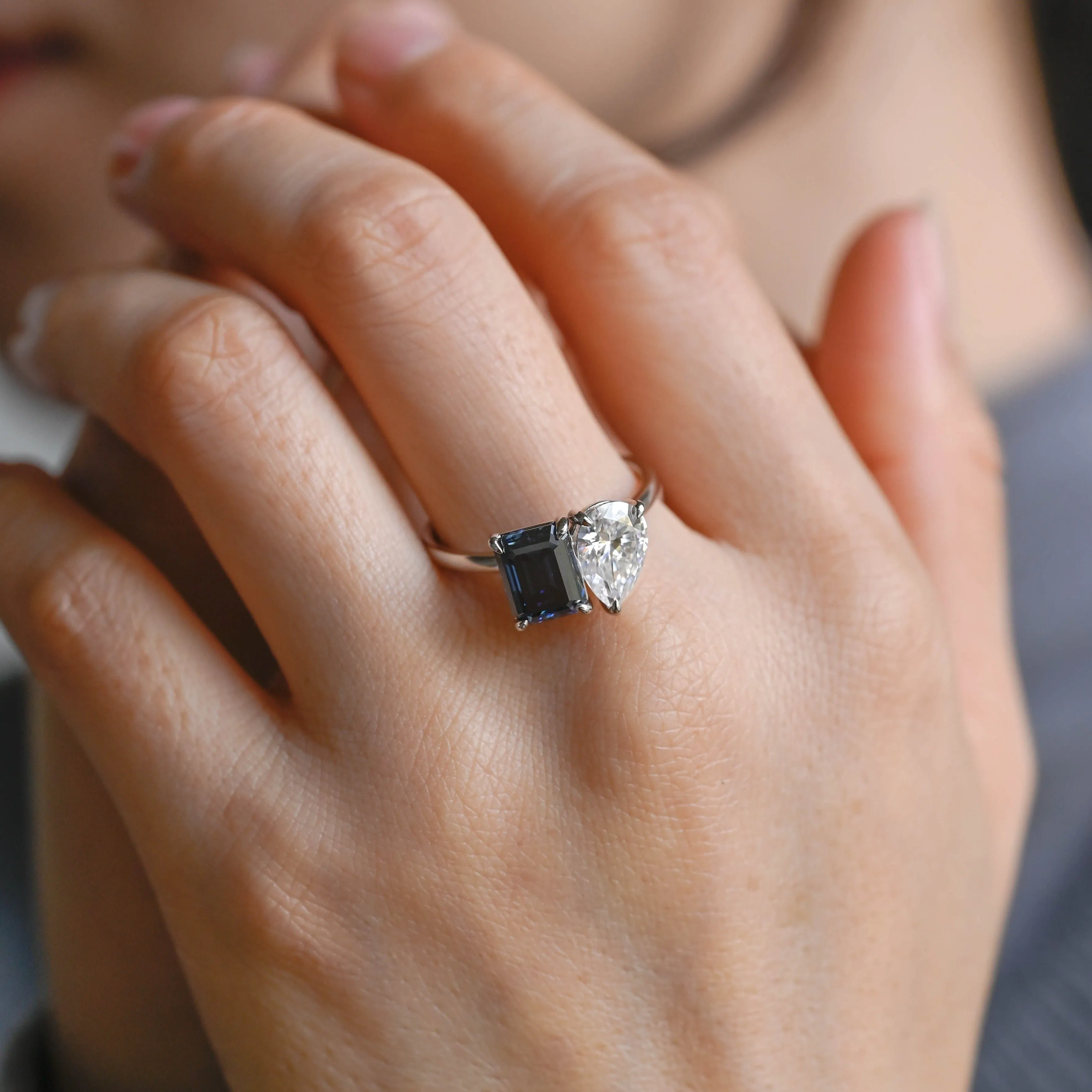 Solid Gold Toi Et Moi Ring, Blue Emerald Cut & Pear Cut Moissanite Engagement Ring sold by Causyou product image thumbnail 3