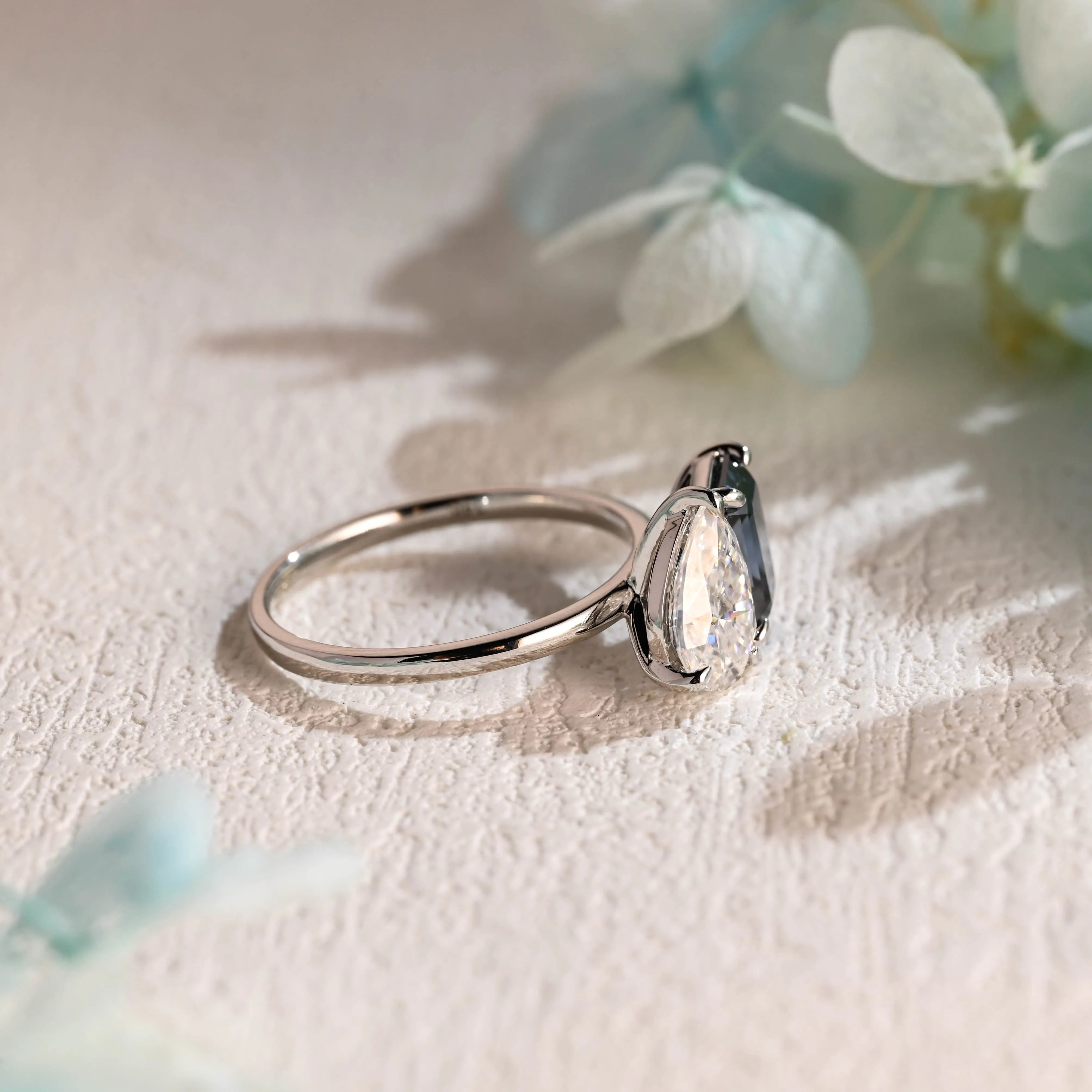 Solid Gold Toi Et Moi Ring, Blue Emerald Cut & Pear Cut Moissanite Engagement Ring sold by Causyou product image thumbnail 4