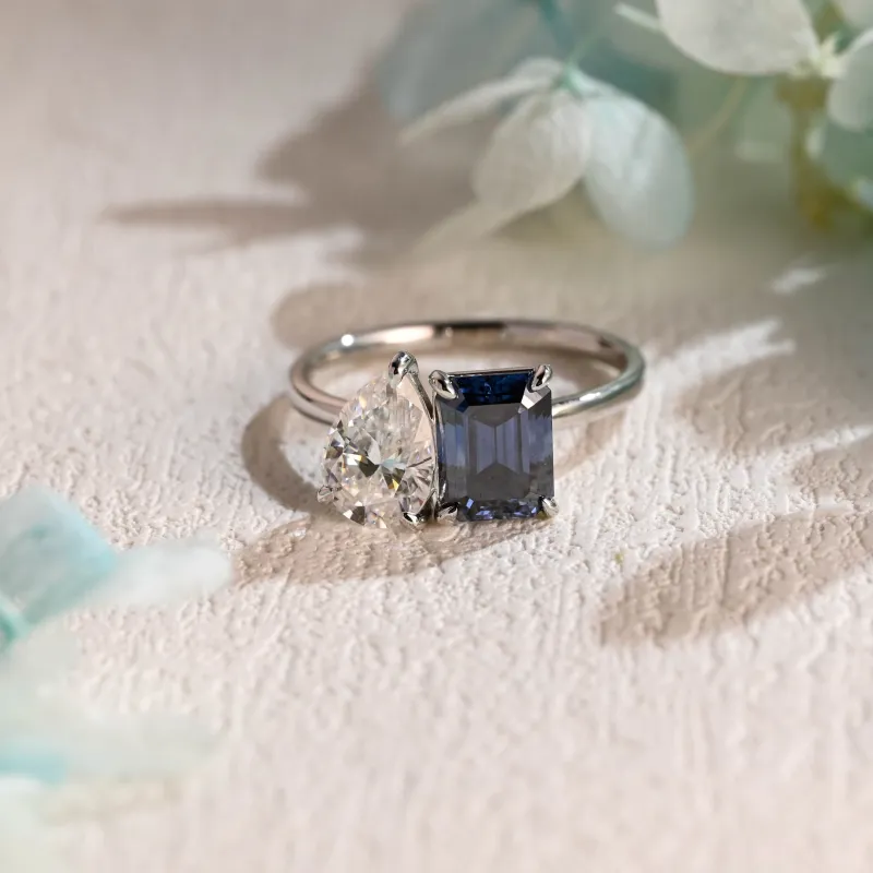 Solid Gold Toi Et Moi Ring, Blue Emerald Cut & Pear Cut Moissanite Engagement Ring made by Causyou