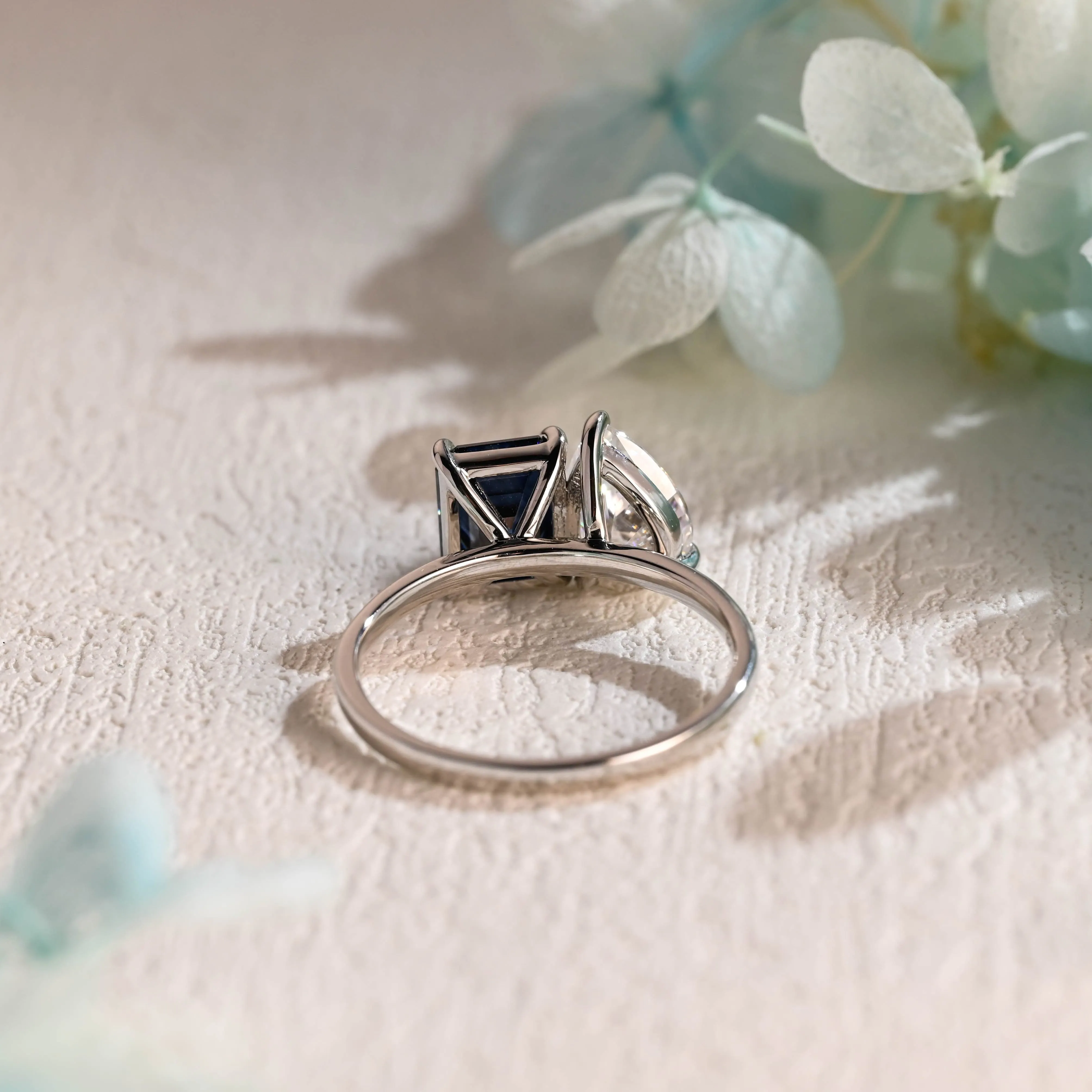 Solid Gold Toi Et Moi Ring, Blue Emerald Cut & Pear Cut Moissanite Engagement Ring sold by Causyou product image thumbnail 5