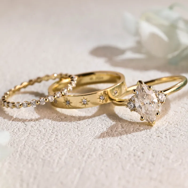 Solid Gold Solitaire Marquise Cut Moissanite Engagement Ring and Wedding Ring Set made by Causyou