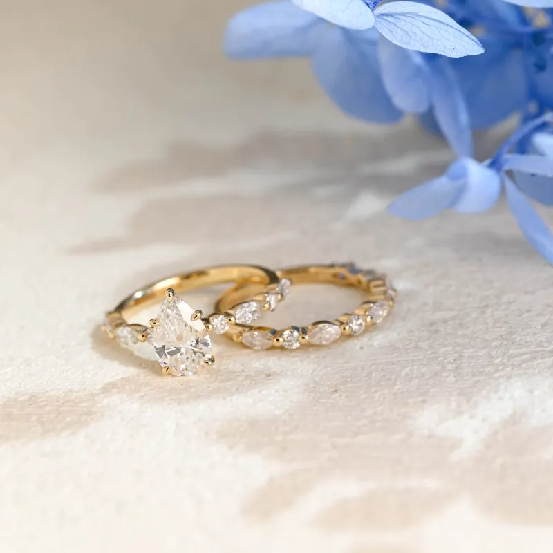 Solid Gold Pear Cut Lab Diamond Engagement Ring & Marquise Round Cut Wedding Band, Bridal Set| D Color VS1 IGI Certified made by Causyou