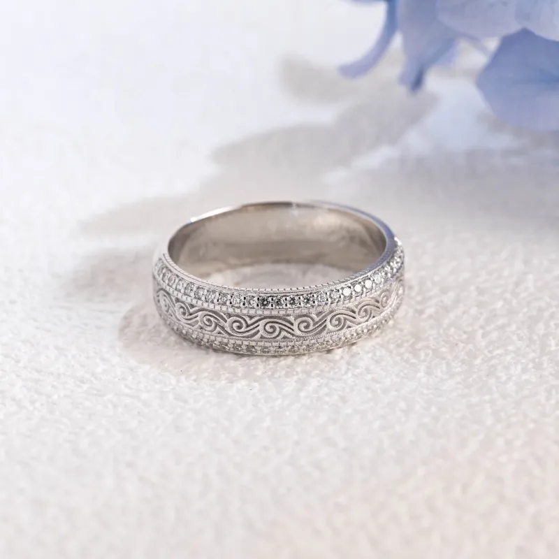 Solid Gold 6mm Vintage Milgrain Engraved Lab Diamond Wedding Band for Man made by Causyou