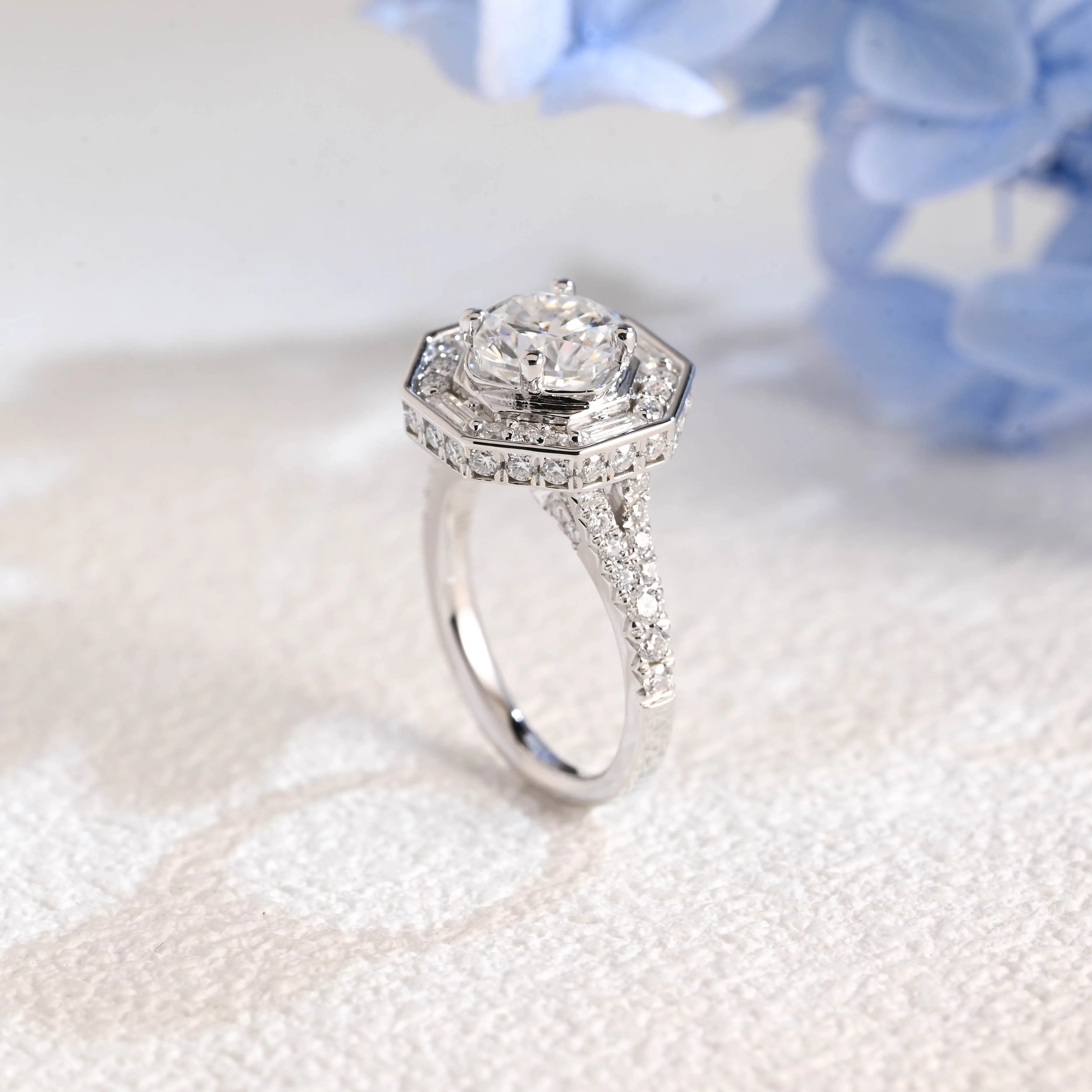 Solid Gold Halo Statement Ring, Cushion Moissanite Engagement Ring sold by Causyou product image thumbnail 5