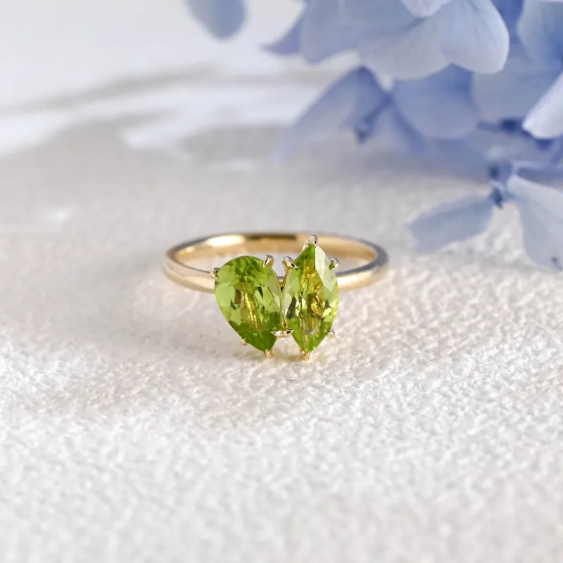 Solid Gold Toi Et Moi Ring, Marquise & Pear Natural Peridot Engagement Ring, Aug. Birthstone Ring made by Causyou