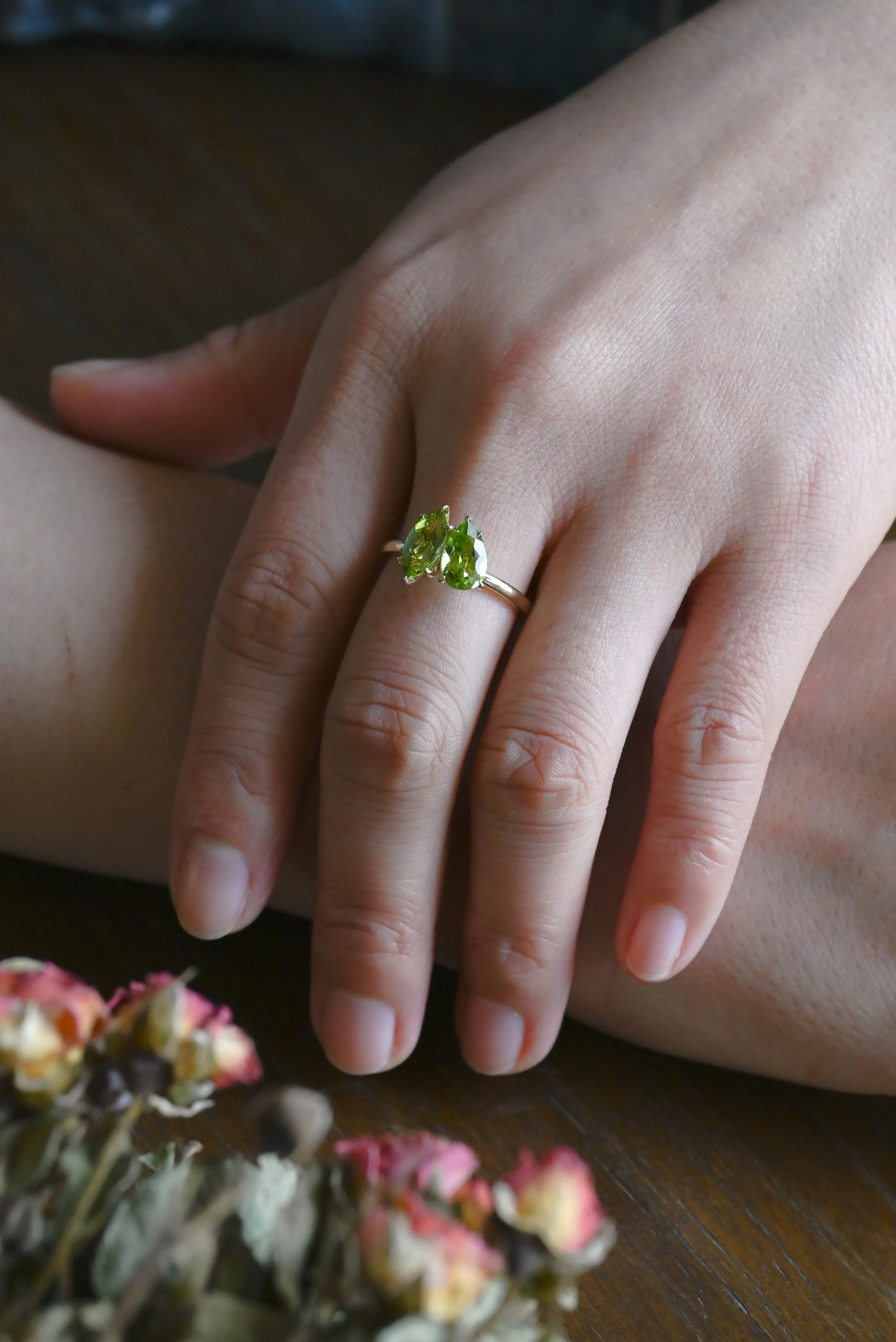 Solid Gold Toi Et Moi Ring, Marquise & Pear Natural Peridot Engagement Ring, Aug. Birthstone Ring sold by Causyou product image thumbnail 4